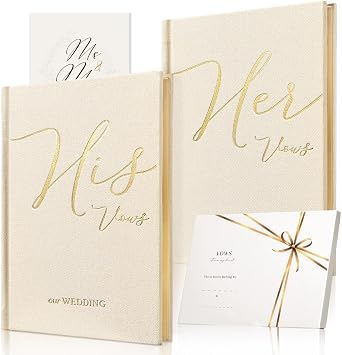 Vow Books His and Hers 2 Pack - 6 x 4 Inch Linen Hardcover Wedding Vow Books with Gold Foil Lettering & Bookmark, Wedding Ceremony Keepsake for Bride and Groom-His and Her Engagement Gift, 48 Pages