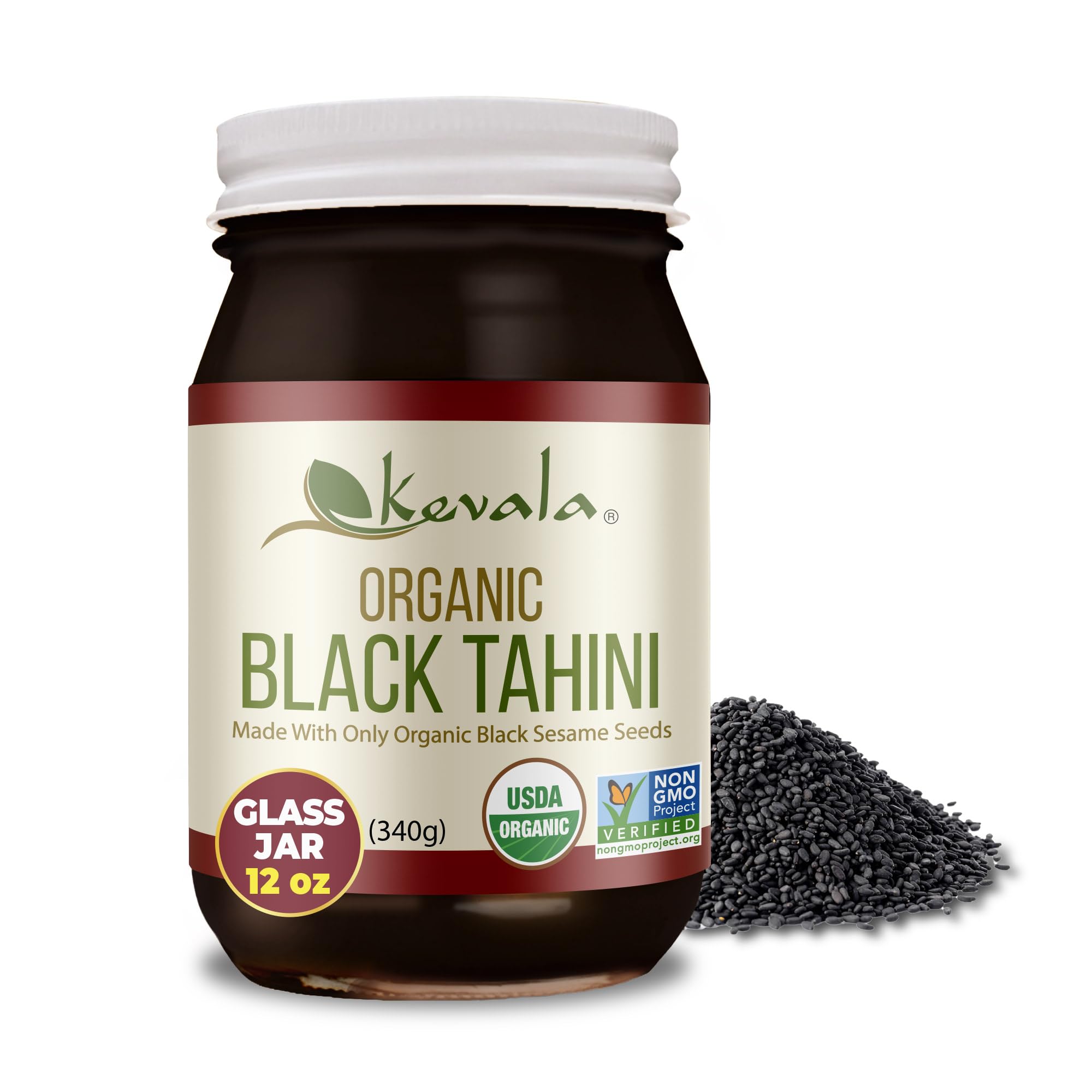 Kevala Organic Black Tahini - Gluten Free Black Sesame Paste for Bread, Kitchen Pantry Staple Processed in a Peanut Free Facility, Great to Mix with a Miso Paste or Spread on a Bagel, 12 oz, 340g