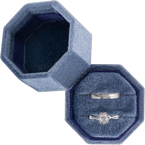 Smileshe Caja de anillos, cajas de joyería de terciopelo para propuesta de compromiso, ceremonia de boda, mini octágono con ranura de doble anillo