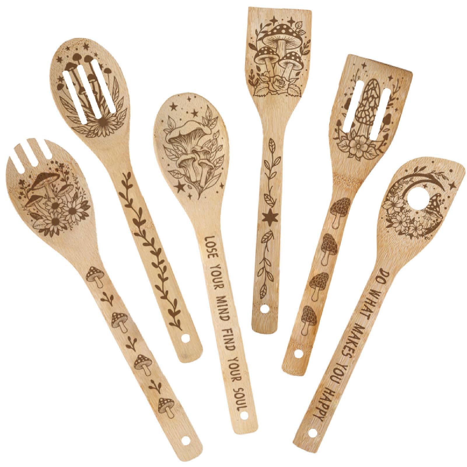 PRESSINART 6Pcs 6 Styles Mushroom Cooking Utensils Bamboo Kitchen Spoons 2.4 x 11.8 Inch Moon Star Flower Durable Wooden Spoon Set for Men Women Friends Housewarming Birthday Gift Apartment Essential