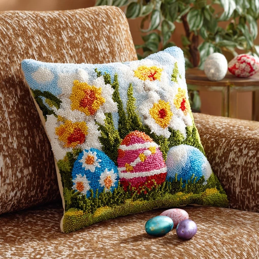 WallustrioaW DIY Latch Hook Kits,Easter Eggs and Flowers,Needlework Pillow Cover DIY Hooks Knitted Pillow Embroidery Latch Hook Cushion Kit,17x17in