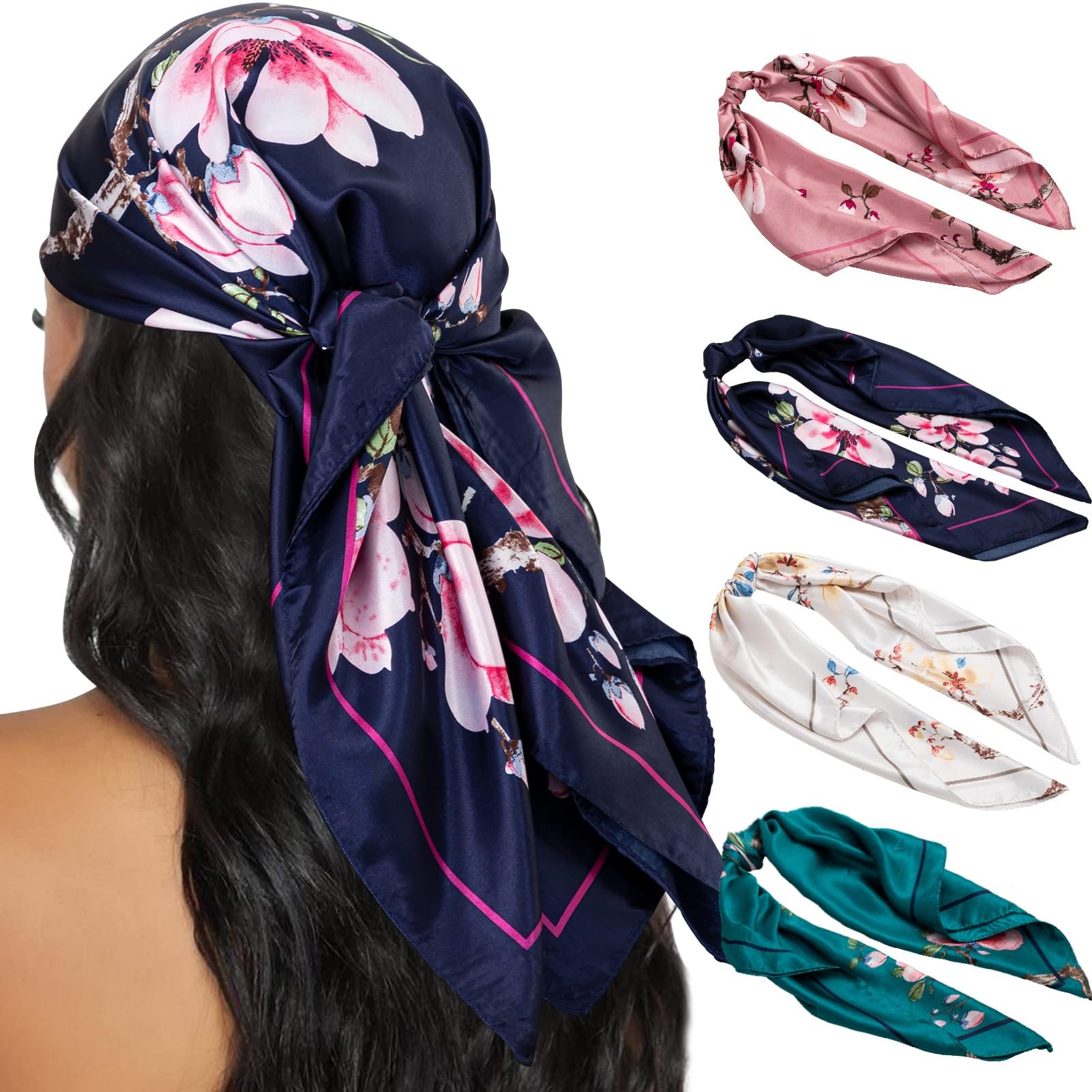 HBselect 4 Stk. Kopftuch für Frauen Schlaf 35“ Quadrat Schals für Damen Bandanas Haartuch Halstuch Haarschmuck Satin Schal Seidentuch für Haar 90×90cm