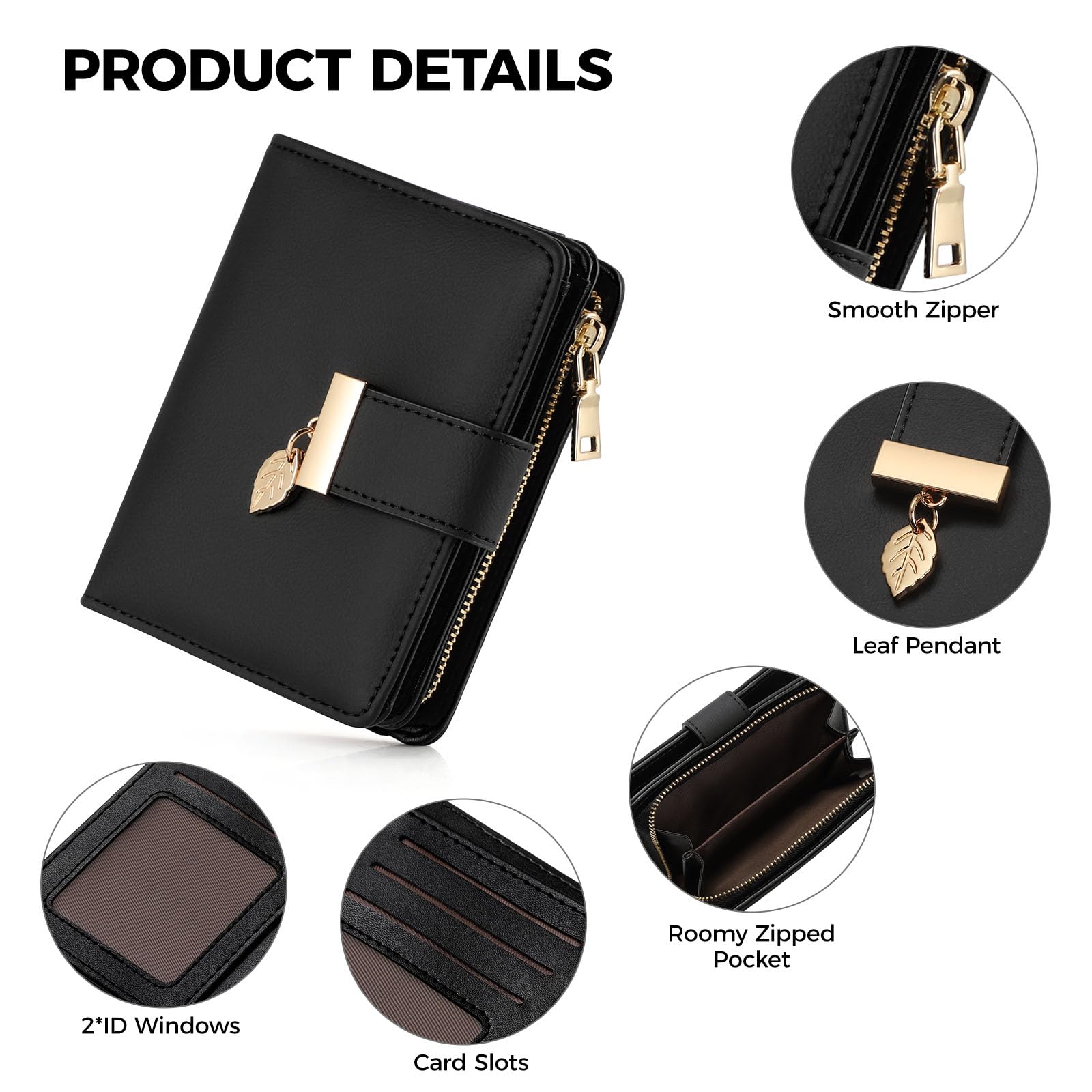 Porte Monnaie Femme,Portefeuille Femme Cuir Blocage RFID Petit Portefeuilles et Porte-Cartes avec Fermeture éclair Poche à Monnaie et Fenêtre ID Pendentif Feuille,Blanc