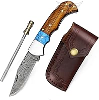 Vista 13 de Cuchillo de bolsillo de damasco Lara Eagle para hombres - Cuchillo plegable de caza de 133 capas de acero sólido hecho a mano con afilador y funda