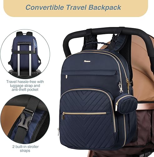 Miniatura 6 de MOMUVO Mochila para pañales, bolsa de bebé acolchada con cambiador y correas para cochecito, Azul, Moderno