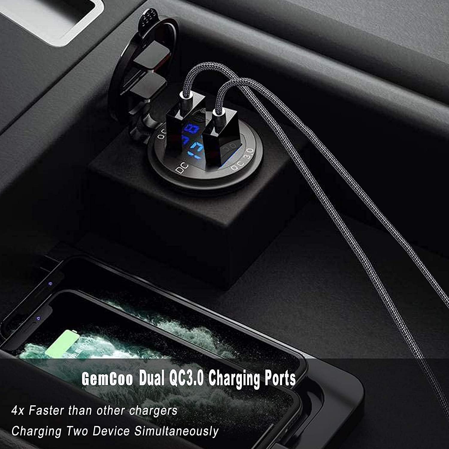 Quick Charge 3.0 Dual USB Car Charger Socket 12V/24V 36W QC3.0 Dual USB Aluminum Socket Power Outlet with LED Voltmeter and ON/Off Switch for Marine, Boat, Motorcycle, Truck, Golf Cart