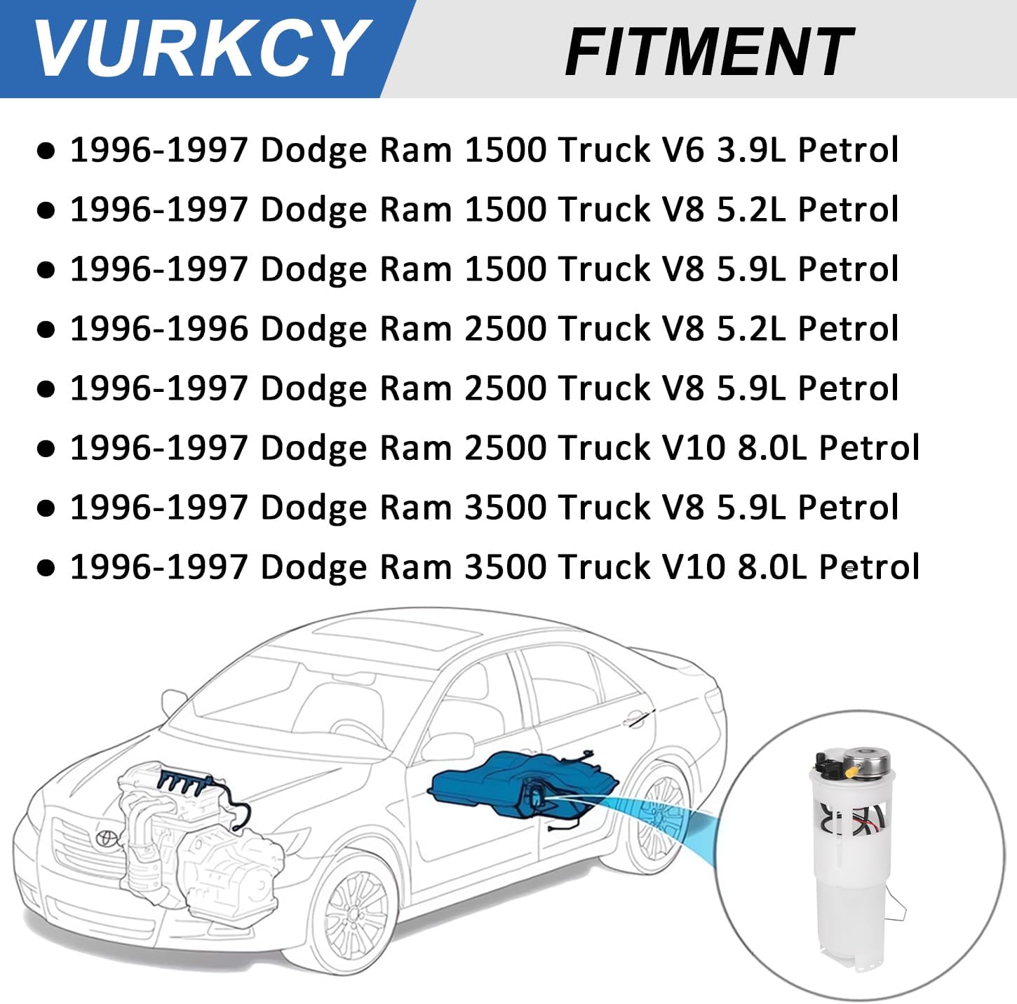 Electric Fuel Pump Module Assembly w/Pressure Sensor Compatible with Dodge Ram 1500 2500 3500 Pickup 1996-1997, 3.9L 5.2L 5.9L 8.0L, 4 Pin, Replacement E7093M