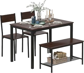 SDHYL Set de Mesa Comedor Juego de Mesa 2 Sillas y 1 Banco con Estante Conjunto de Mesa de Comedor Estructura de Acero Juego de Comedor para 4 Personas