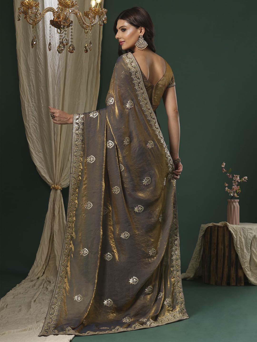 SAREE MALL Women's Bronze Satin Silk Embroidered Saree With Unstitched Blouse (KRIYNS4001_KH)
