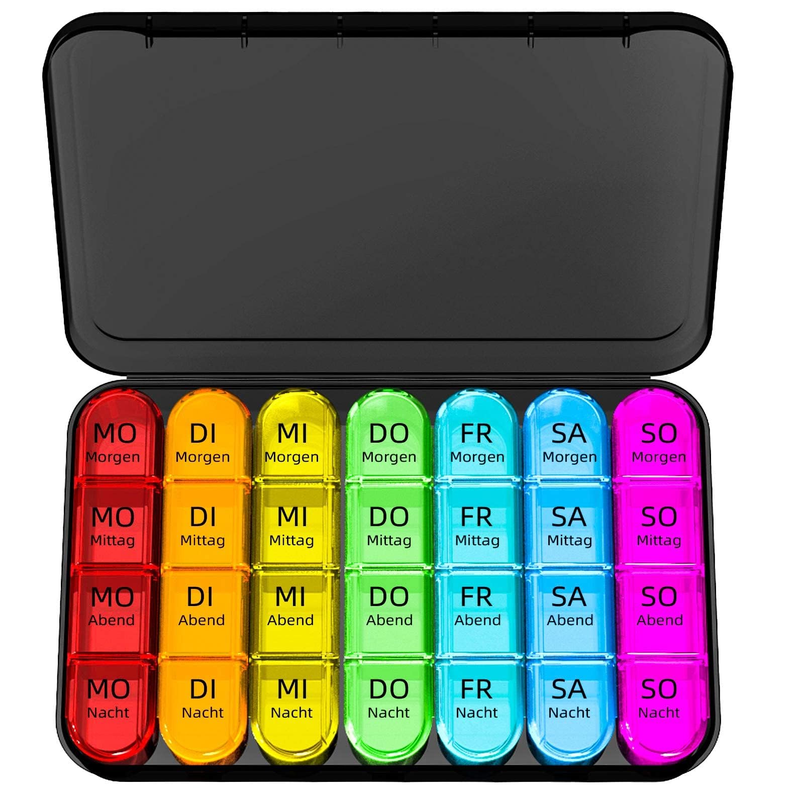 Doruimi Tablettenbox 7 Tage Morgens Mittags Abends, Klein Pillendose Große Fächer, Medikamentenbox 7 Tage 4 fächer mit Einfachem Offenem Design für Unterwegs - Schwarz