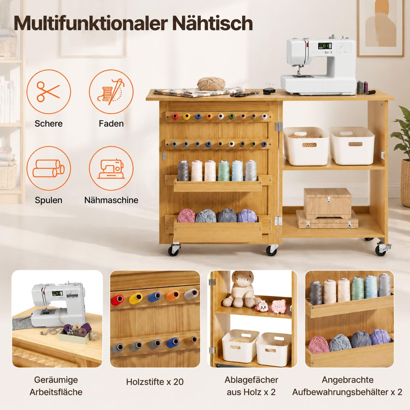Klappbarer Nähtisch mit Rollen in Holzfarbe