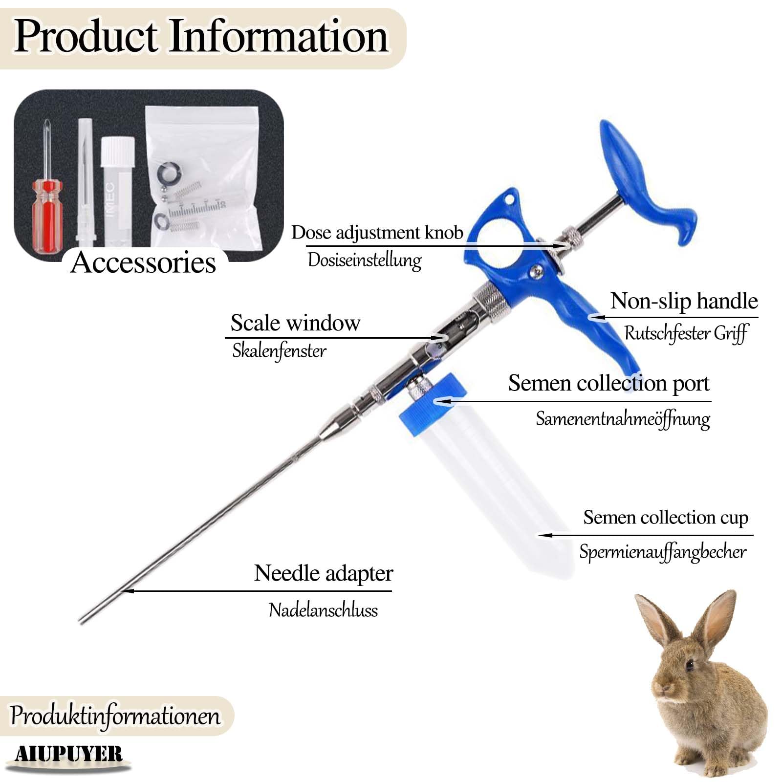 Pistola per inseminazione artificiale per conigli, iniezione continua rapida e precisa, acciaio inossidabile, regolabile da 0,1 a 2 ml Attrezzatura per l'allevamento di conigli da carne e conigli Rex