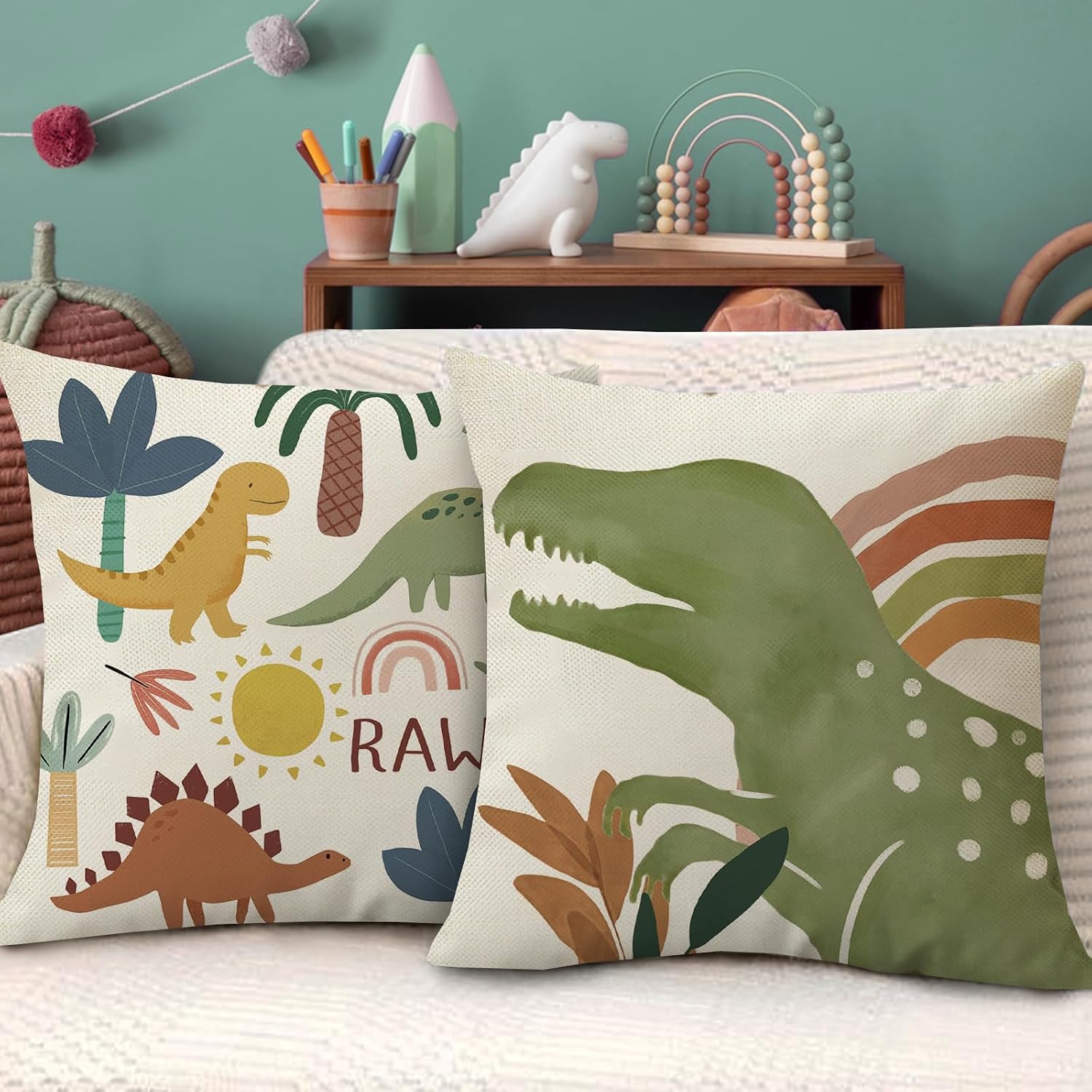 Fahrendom Boho Dinosaur Rawr Decorative Throw Pillow Covers image 4