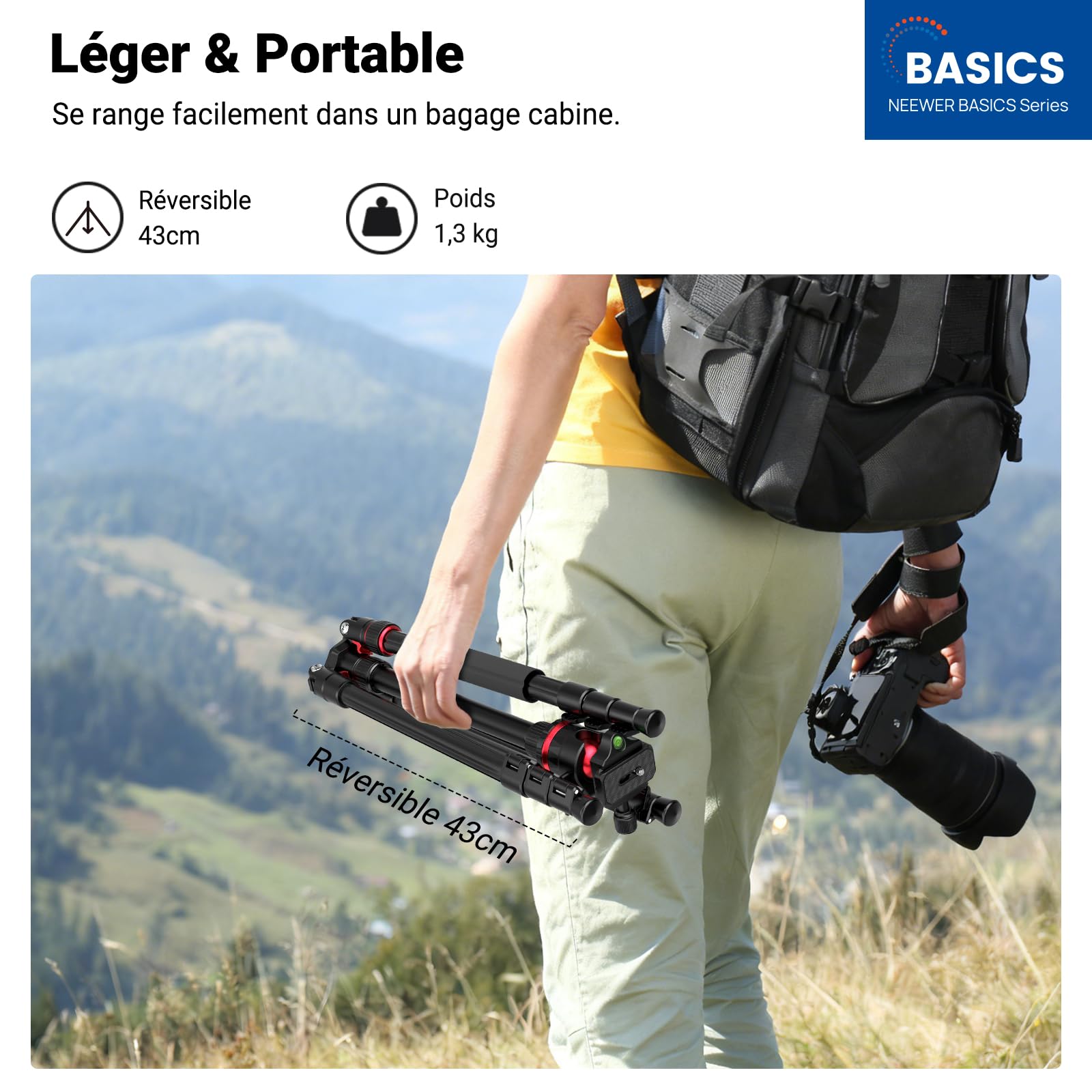 NEEWER Basics 72'' Trépied Monopode de Voyage pour Appareil Photo，Support Compact et Léger pour d'enregistrement vidéo Portable, Rotule Arca, Compatible avec iPhone Portable,Max Load 13.2 LB, TP14B