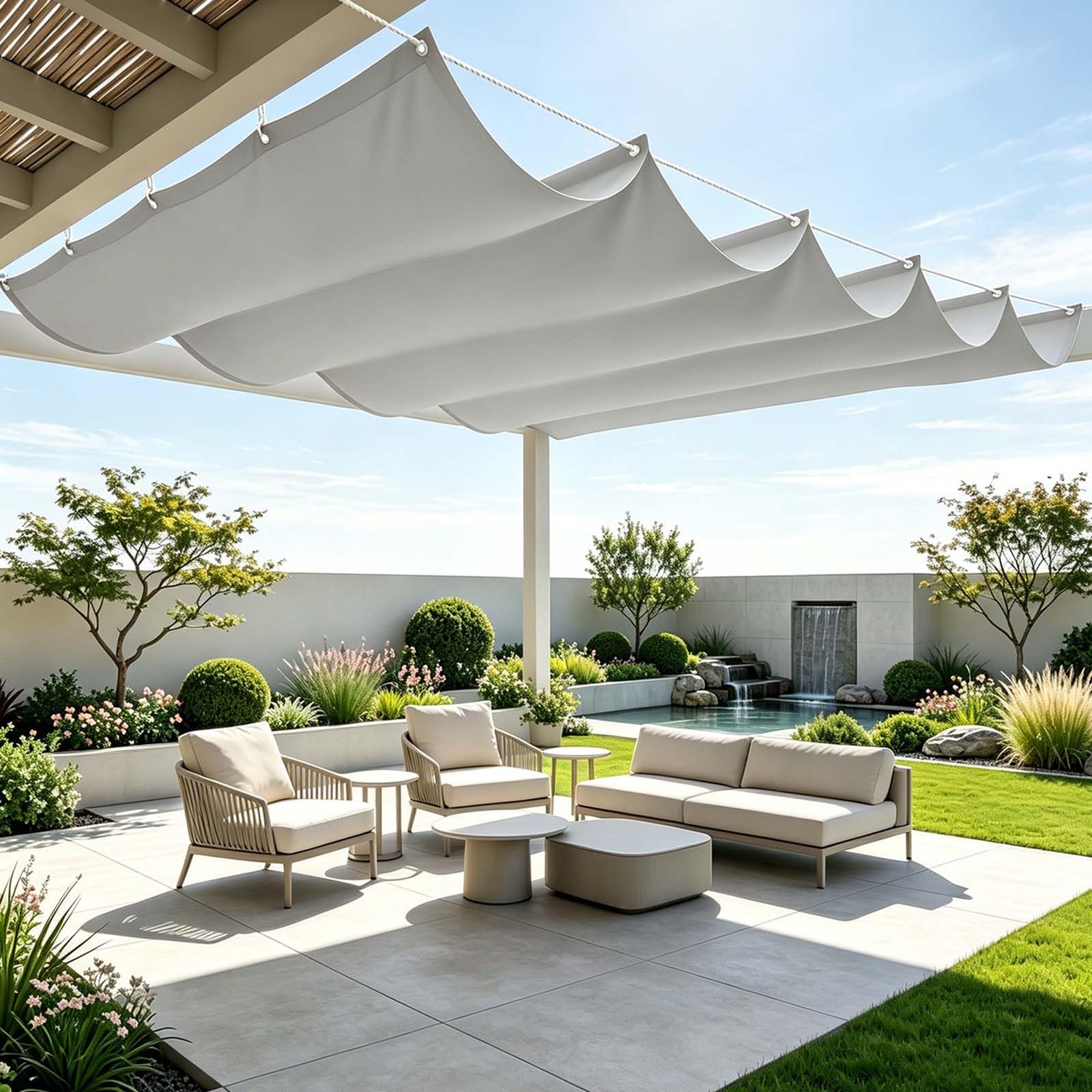 Tenda Parasole Retrattile 170 x 1200 cm Impermeabile Protezione UV con Corda di Nylon e Occhiellato Telo Ombreggiante Esterno Tenda a Vela Giardino per Balconi Terrazze, Grigio Chiaro