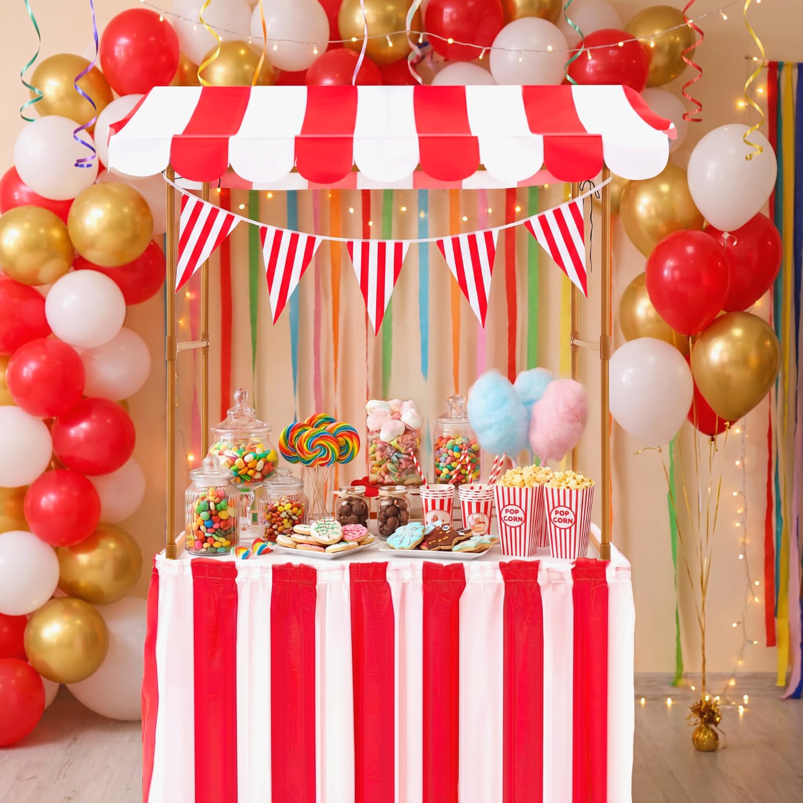 Meooeck 75 pezzi Carnevale Circo Concessione Stand Decor Kit Rosso Bianco Righe Gonna Da Tavolo e Gagliardetto con Rosso Bianco Strisce Popcorn Scatole E Cannucce per Carnevale Party Supplies
