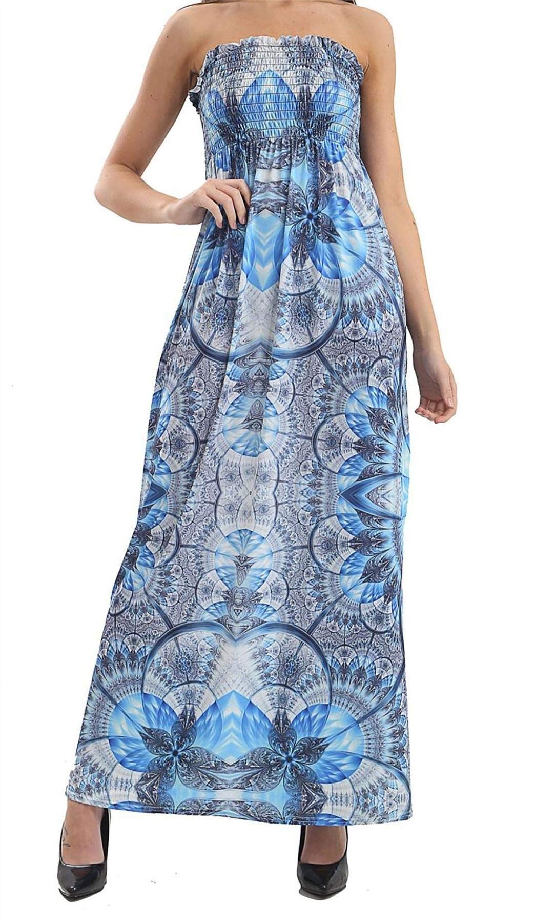XpoZed ModaPrinted Sheering Maxi Dress#(Blue Diamond Print Sleeveless Strapless Bandeau Boobtube Sheering Maxi Dress#UK 16-18#Womens)
