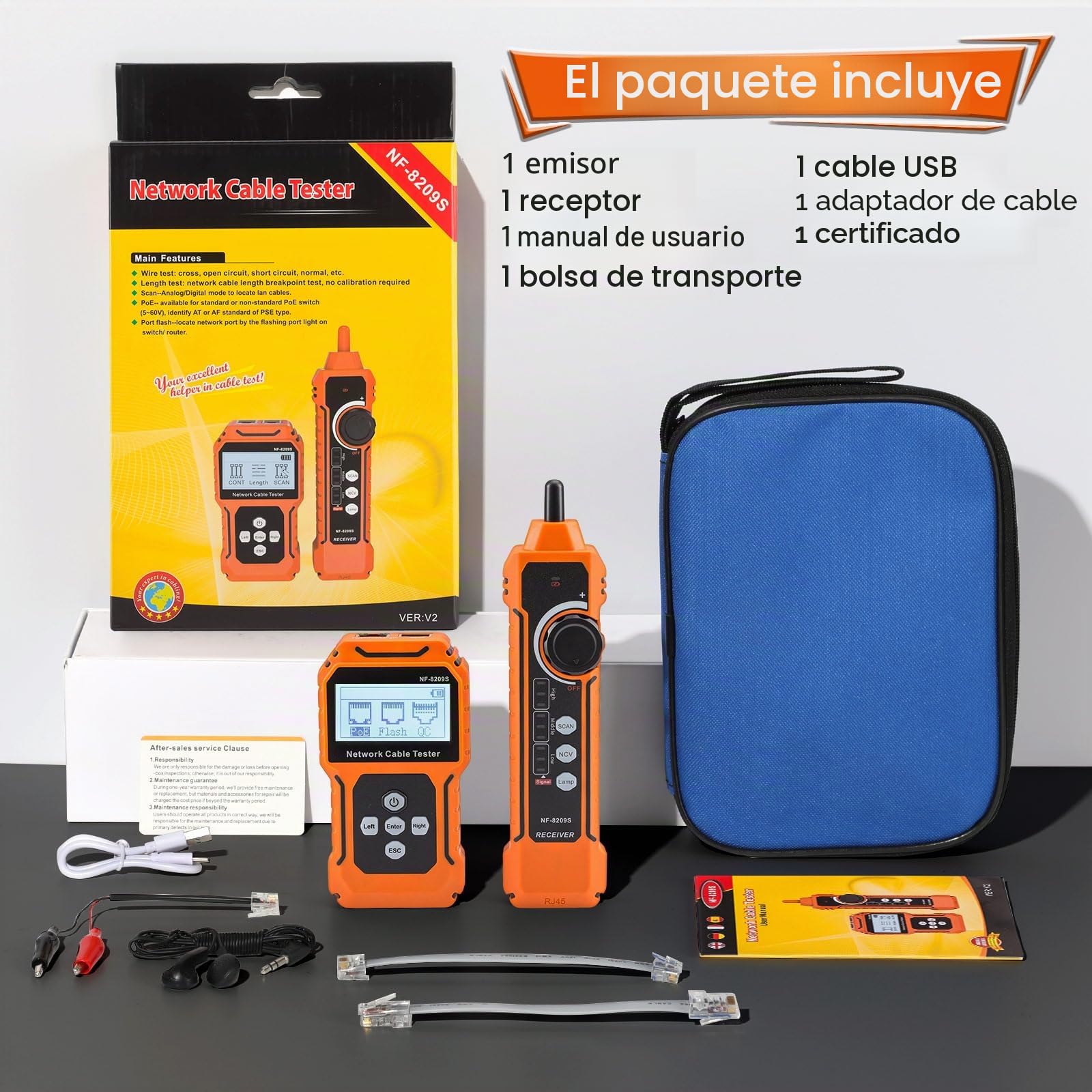 NF-8209S - Probador de cables de red RJ11, RJ45, CAT5, CAT6, LAN, prueba de cortocircuito y estado de interrupción transversal con POE, medición de longitud