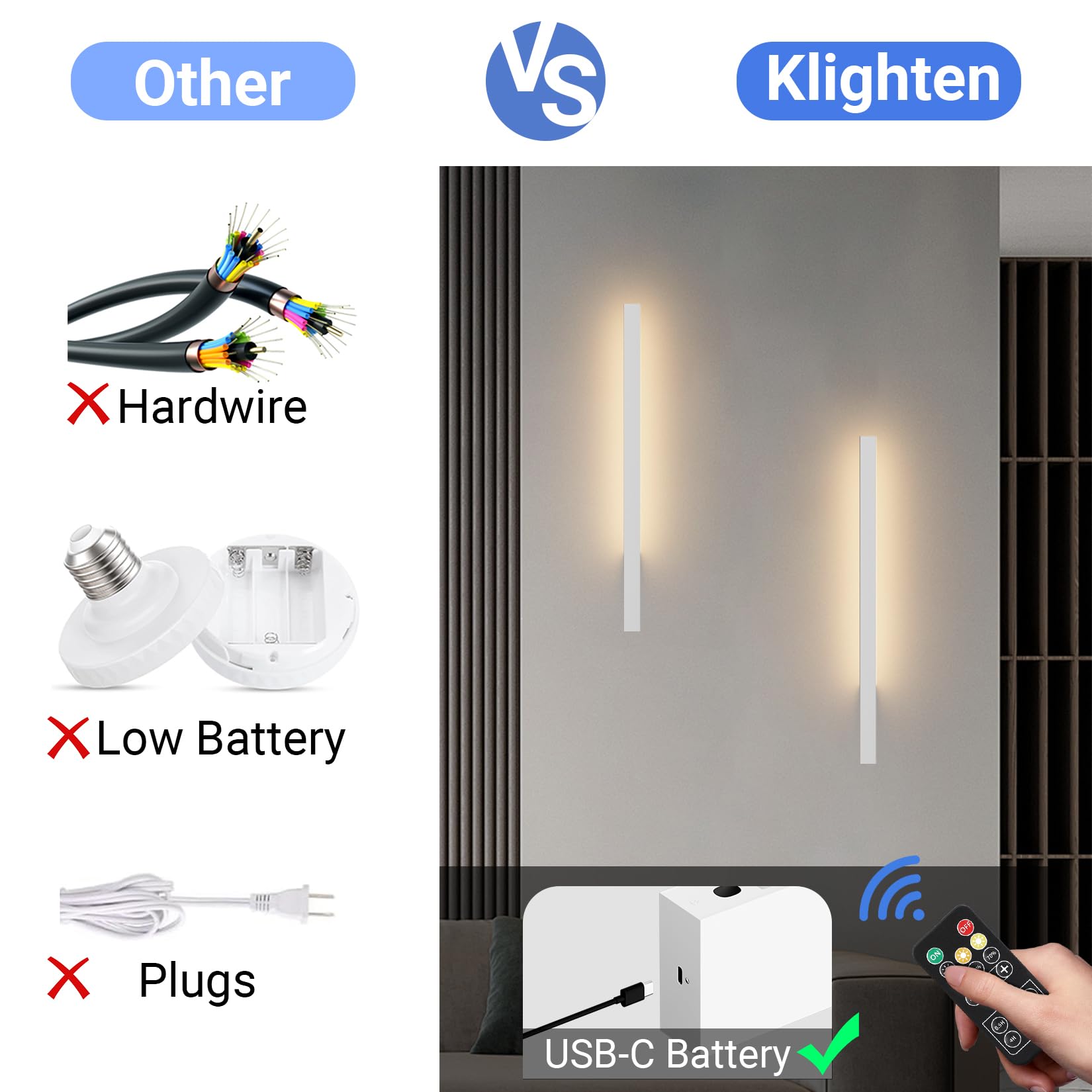 Klighten 2PCS Lámpara de pared a pilas,6000mAh Lámpara de pared LED con mando a distancia y control táctil,Aplique de batería,Aplique de Pared interior 60CM 5W,3000K-6000K,Blanco