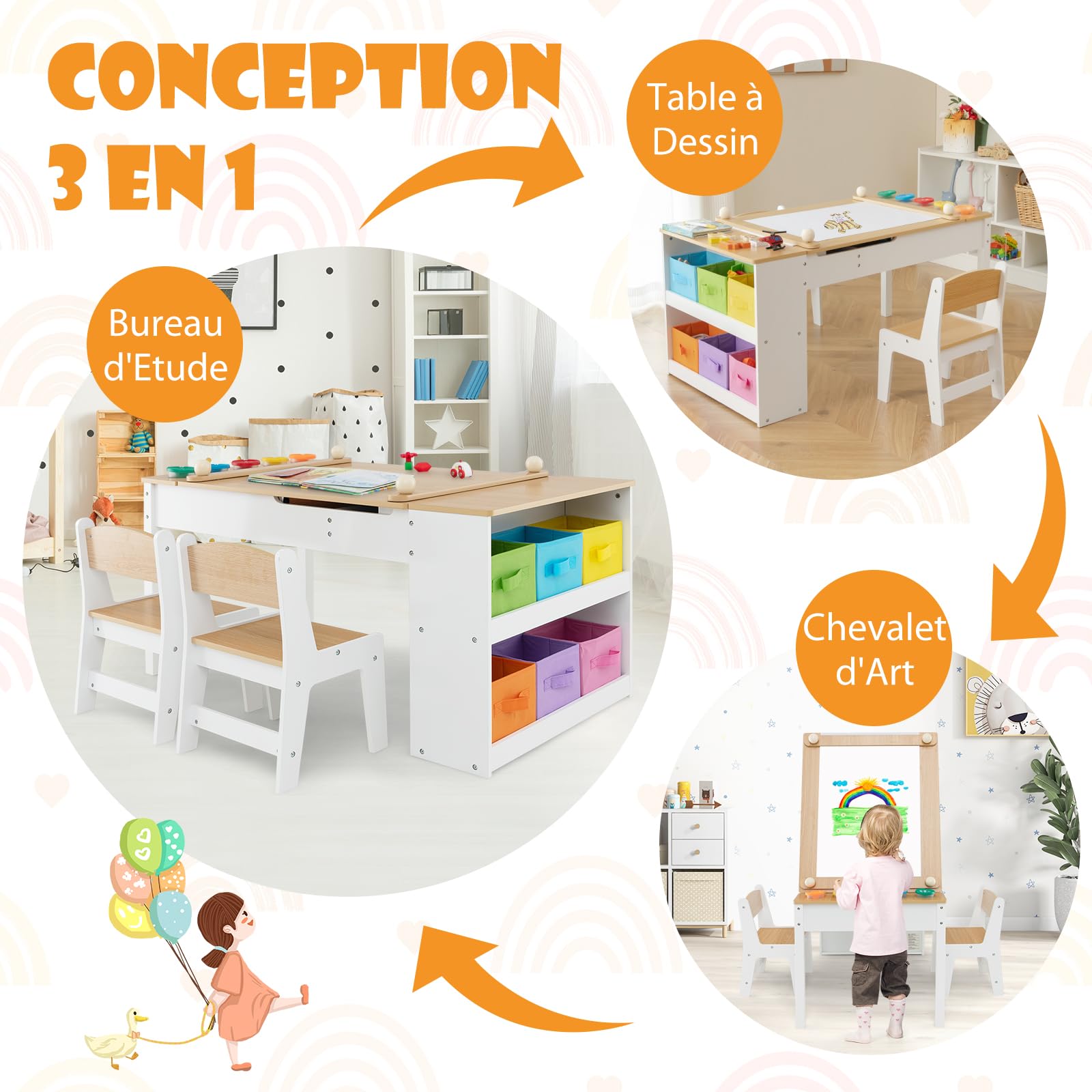 DREAMADE Table à Dessin et 2 Chaises en Bois Enfants,Bureau d'art Tout-Petits avec Plateau Inclinable&6 Tiroirs en Tissu&5 Palettes&Rouleau de Papier,Charge 91+75KG(Naturel)