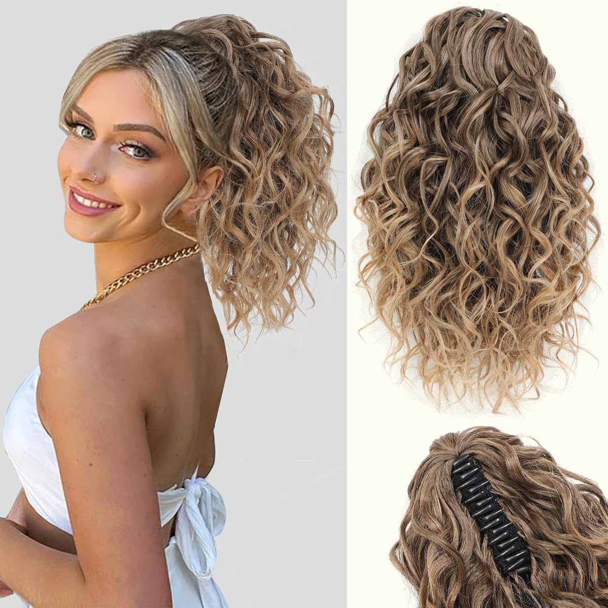 VEGALILY 12 inch Ponytail Extension Short Curly Hair Extensions Clip in Drawstring Ponytail Synthetic Claw Clip Ponytail Hair Extensions Soft Hair Pieces for Women (Rich Brown with Light Tail)