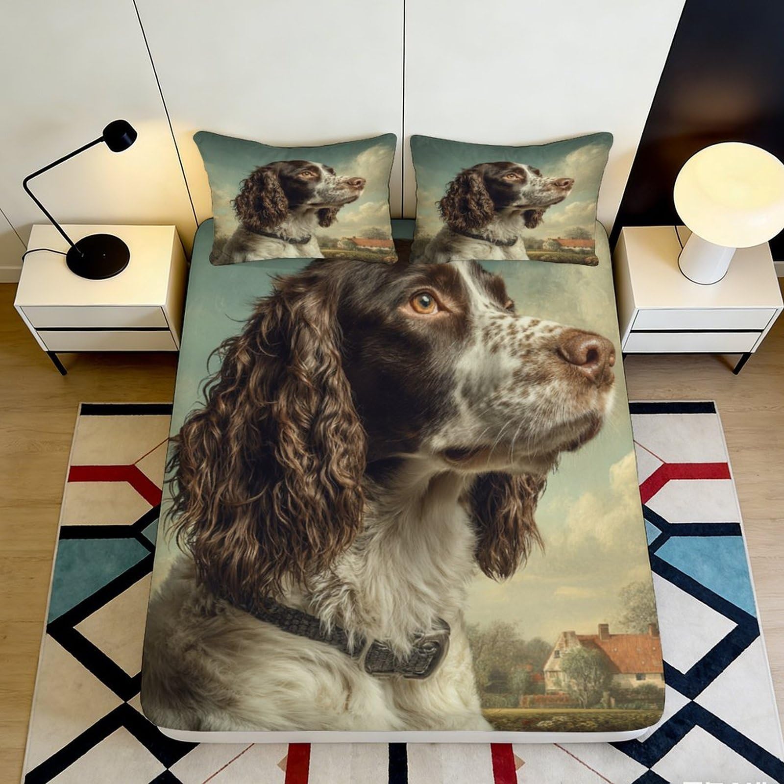 3D Printed Dog Portrait Fitted Sheet Microfiber Soft Breathable Countryside Bed Cover for Bedroom Guest Room Decor 180x200x25cm
