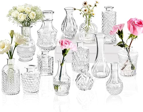 Clear Glass Bud Vase Set of 14 Pcs,Small Bud Vases in Bulk,Glass Crystal Flower Vases Table Centerpieces for Party Event Wedding Decor Baby Shower Decorations (Clear, 14 Pcs)