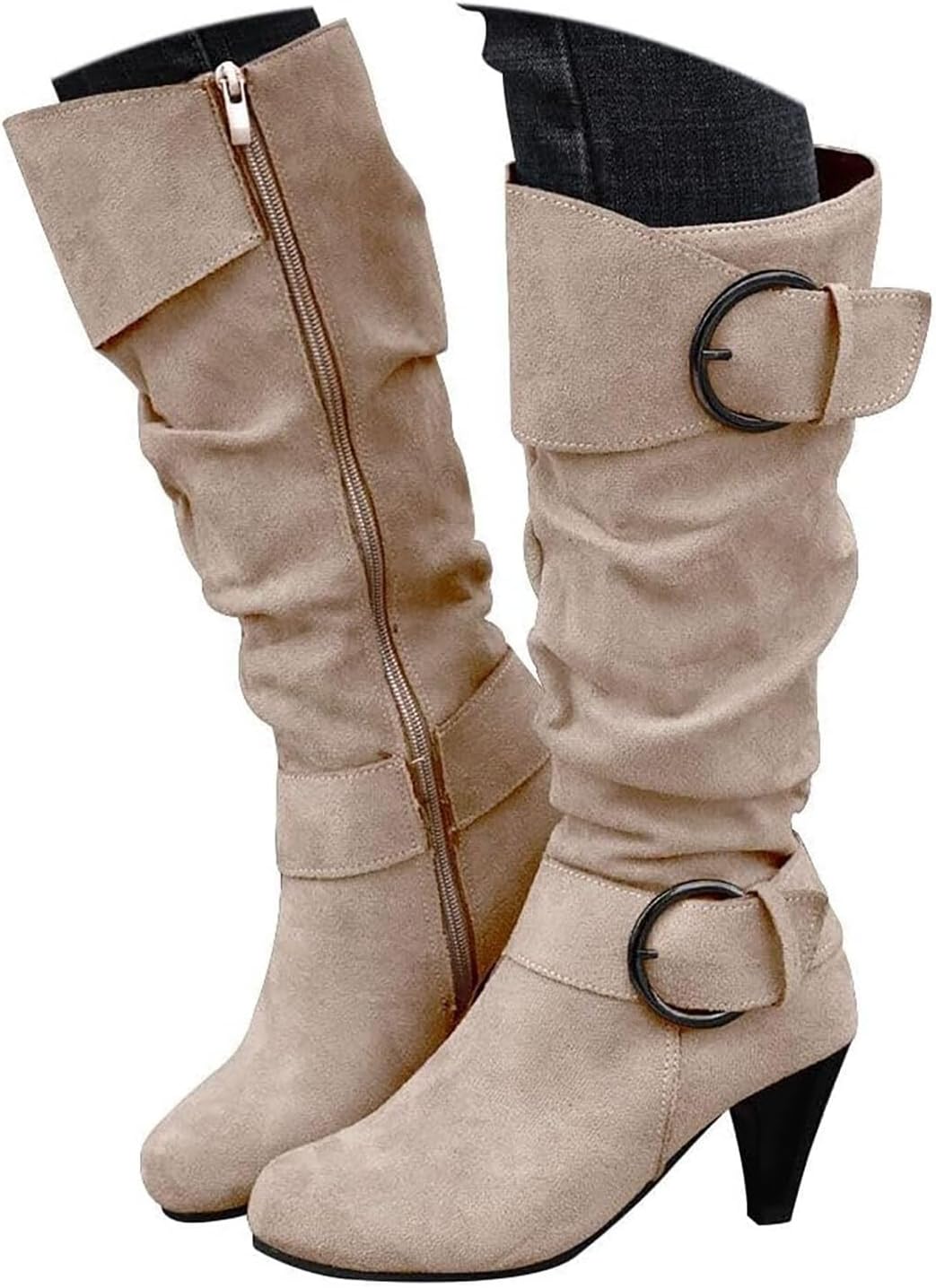 Women's Mid Calf Slouchy Boots Pointed Toe Heeled Knee High Boots Metal 𝐁uckle Western Cowboy Booties For Women Fashion Chunky Block Heel Warm Winter Dressy Shoes with Side Zippers