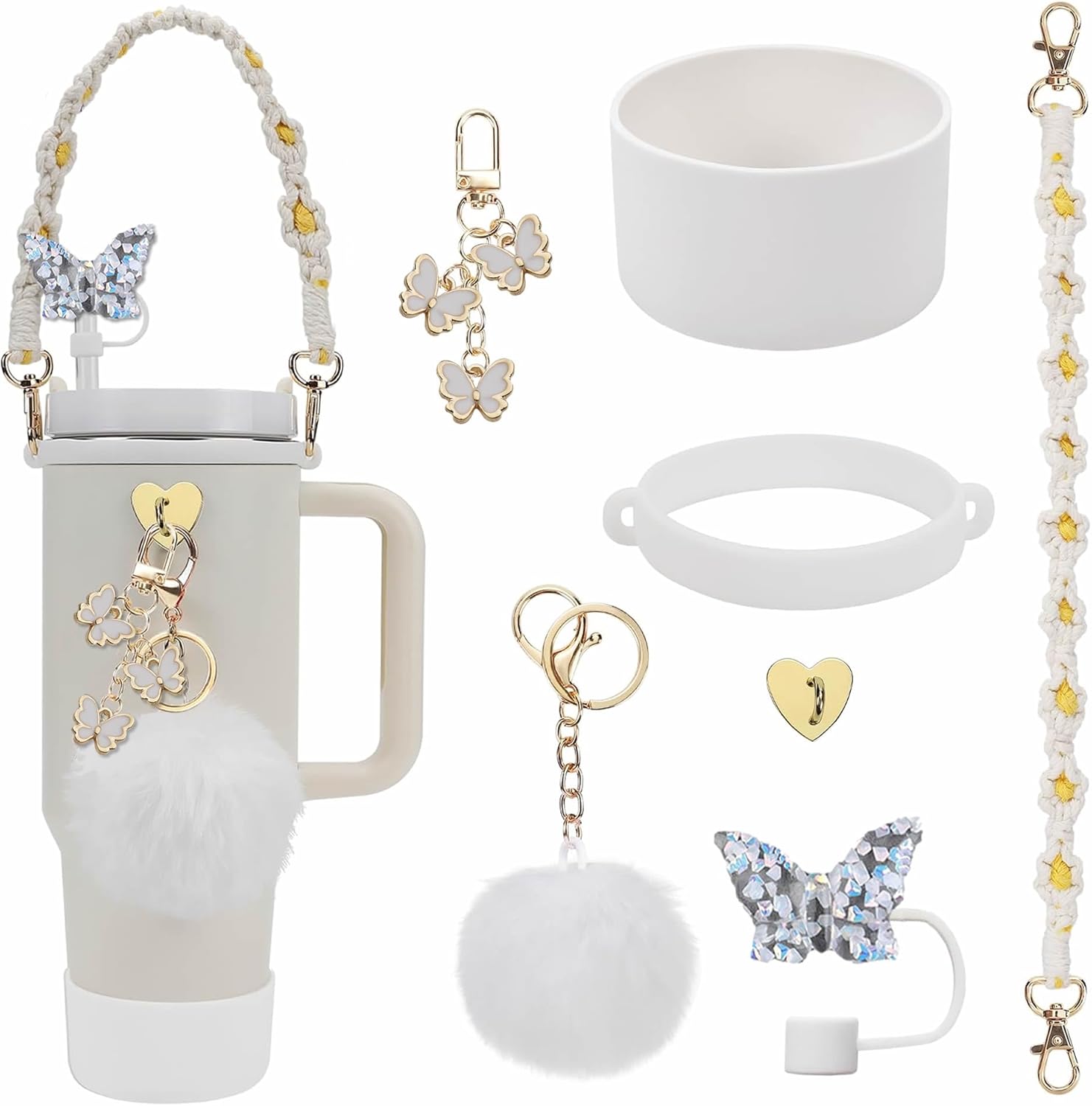 Accessories Set Including Water Bottle Handle Strap, Silicone Boot, Resin Butterfly Straw Cover, Straw Topper, Lip Balm Sleeve, Butterfly & Hairball Charms for Stanley Cup Tumbler