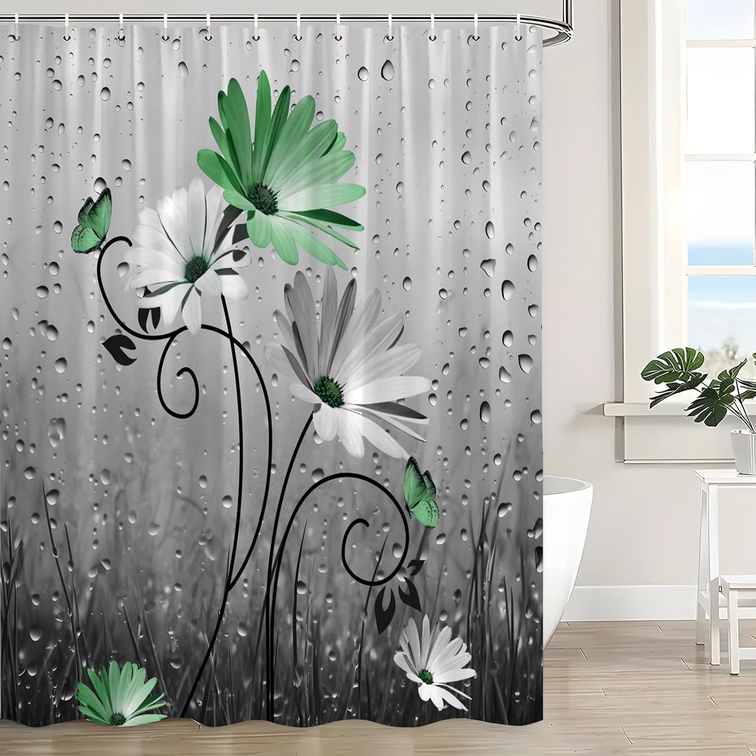 Rustic Farmhouse Green Floral Shower Curtain Farm Daisy Flower and Butterfly Country Gray Rain Drop Boho Bathroom Curtain with Hooks