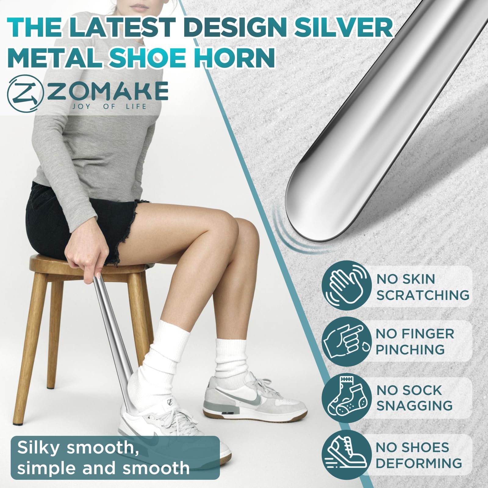 ZOMAKE Metalowe Łyżki do Butów 42CM,Długie Metalowe Łyżki do Butów,Długi Pomocnik do Zakładania Butów z Hakiem dla Mężczyzn,Kobiet, Seniorów i Dzieci(Srebrny)