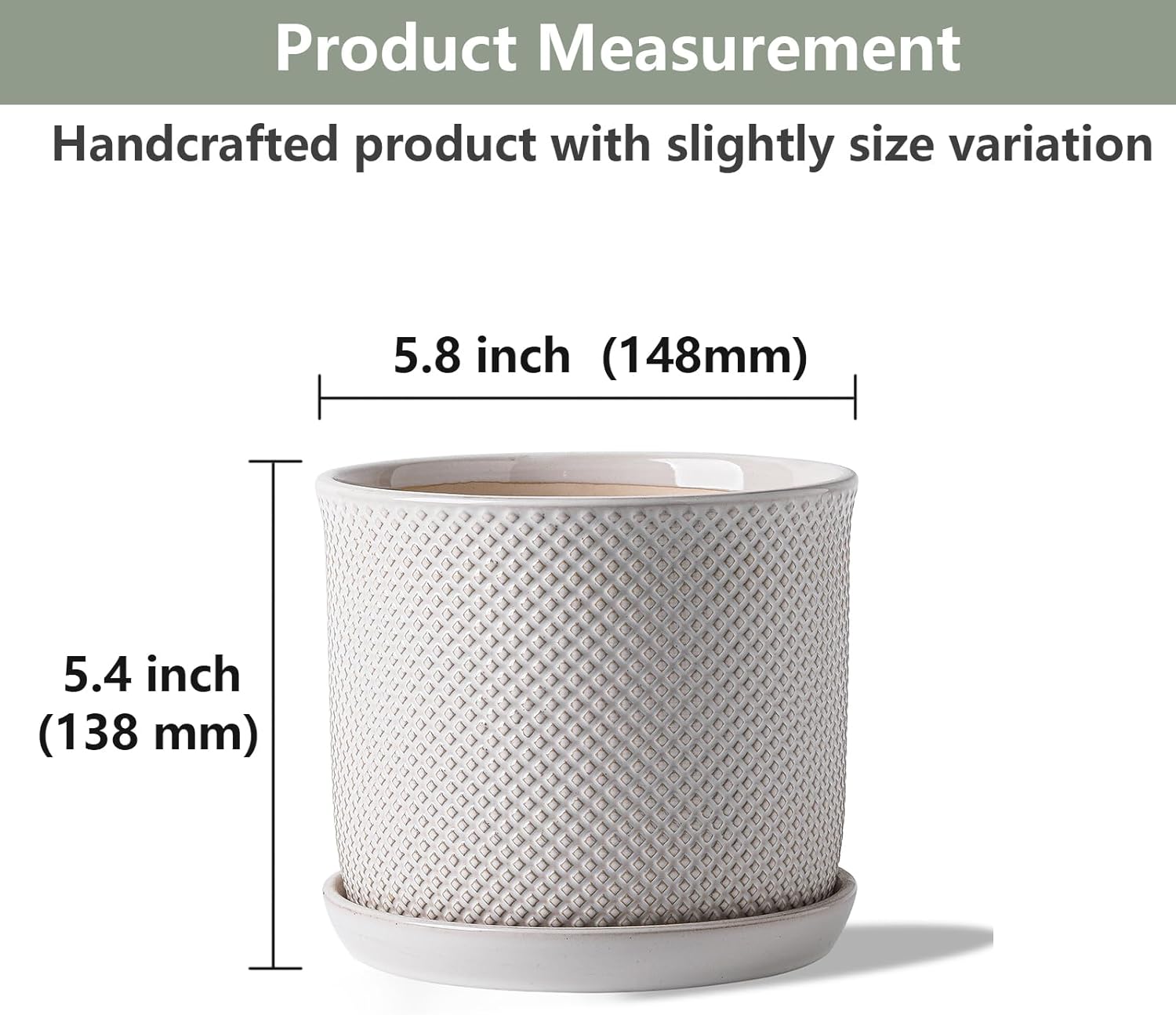 5.8 Inch Plant Pot: Ceramic Planter with Drainage Hole & Saucer for Indoor Outdoor Plants - Flowerpot with Bonded Tray for Home Office - Beaded Embossed Style, Cream White - Image 2