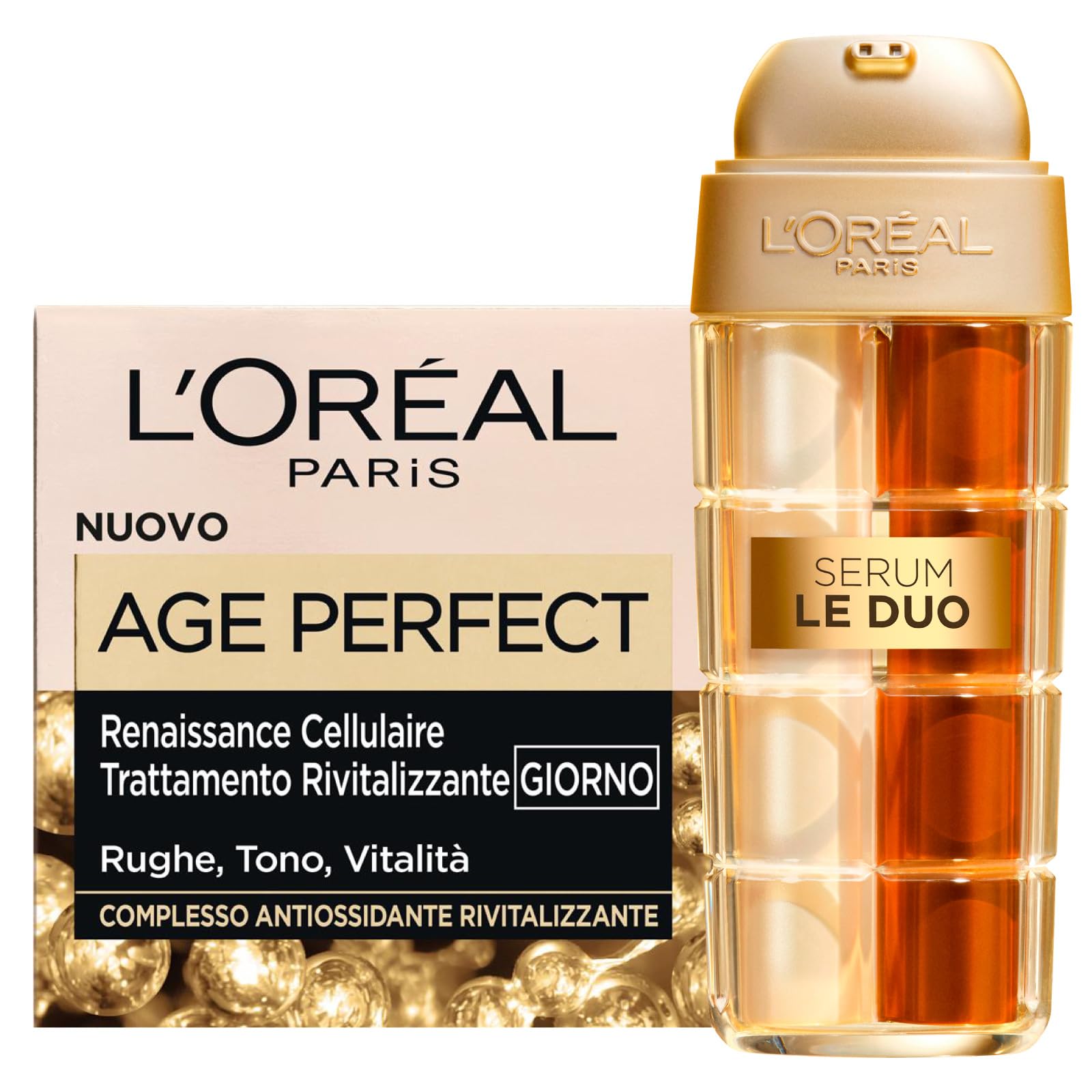 L'Oréal Paris Age Perfect Siero Anti-età Le Duo Illuminante Rassodante con Collagene Vitamine C B3 30ml + Age Perfect Renaissance Cellulaire Crema Viso Rivitalizzante con Neoespiridina Vitamina E 50ml
