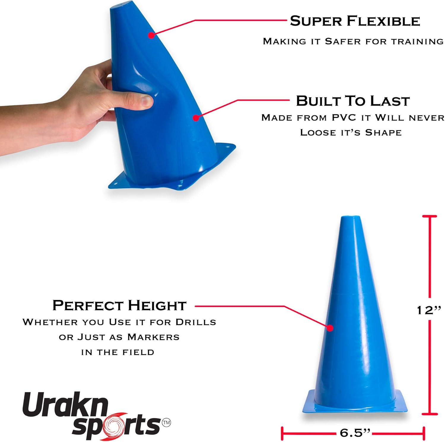 URAKN SPORTS 2" 9" 12" Inch Plastic Multicolored Cones 6 12 50 Pack Set - Perfect for Soccer, Football, Basketball Coaching, Agility Drill Training Field Marker. Traffic Cones (12 Inch 12 Units) : Sports & Outdoors