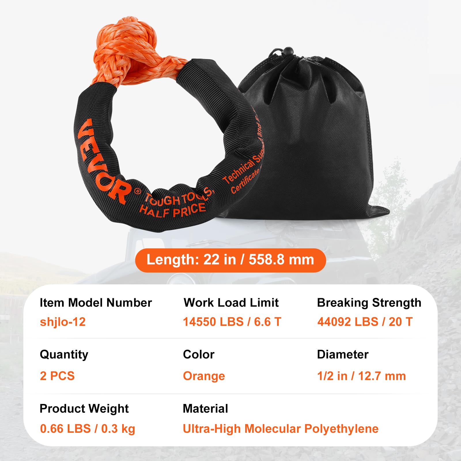 VEVOR Manilles synthétique souple, 12,7x558,8 mm, corde manille remorquage récupération 2PCS, résistance de rupture 20 T, sac de rangement pour UTV, VTT, camions, jeep, véhicules tout-terrain, orange