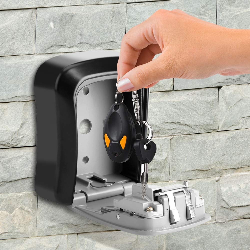 Yosoo Aluminium Key Lock Box 4 Digit Combination Wall Mount Key Safe Security Storage Box For Sharing Keys Securely Indoor And Outdoor, Black, Aluminum