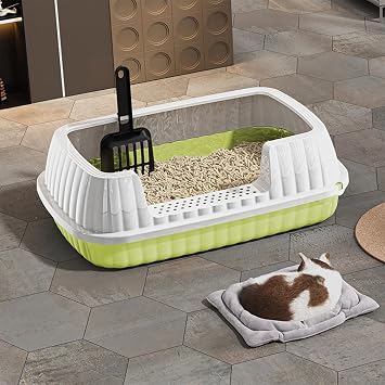 14.37 Inch Semi Enclosed High Sided Cat Litter Box | Detachable with Splash Proof Designs Includes Shovel Easy to Clean Cat Litter Tray Non-Slip Bottom Ample Space for Cats