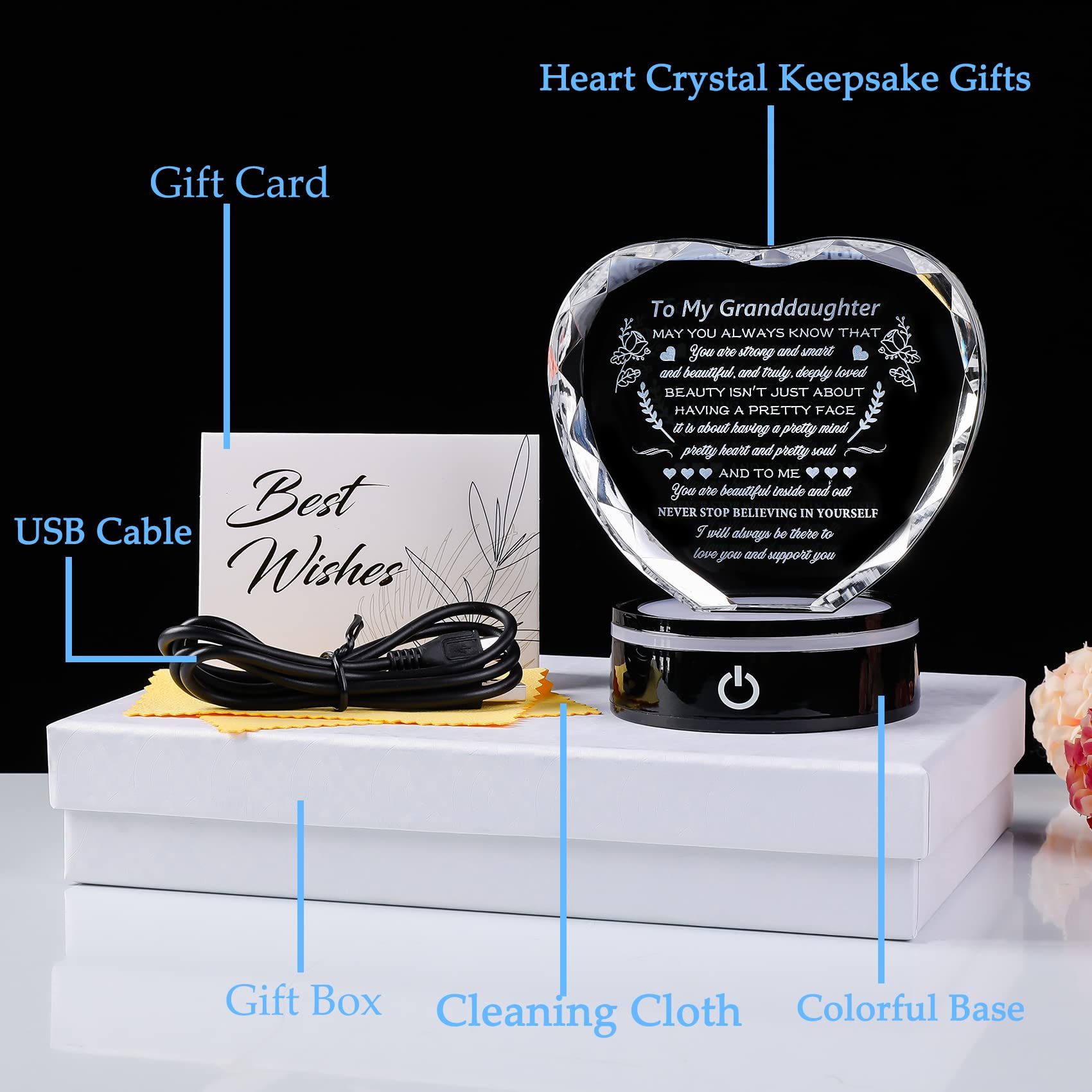YWHL Granddaughter Gifts from Grandma Graduation Birthday Gifts for Granddaughter Heart Crystal to My Granddaughter Keepsakes Gift with Colorful Base on Wedding Back to School Valentine Christmas