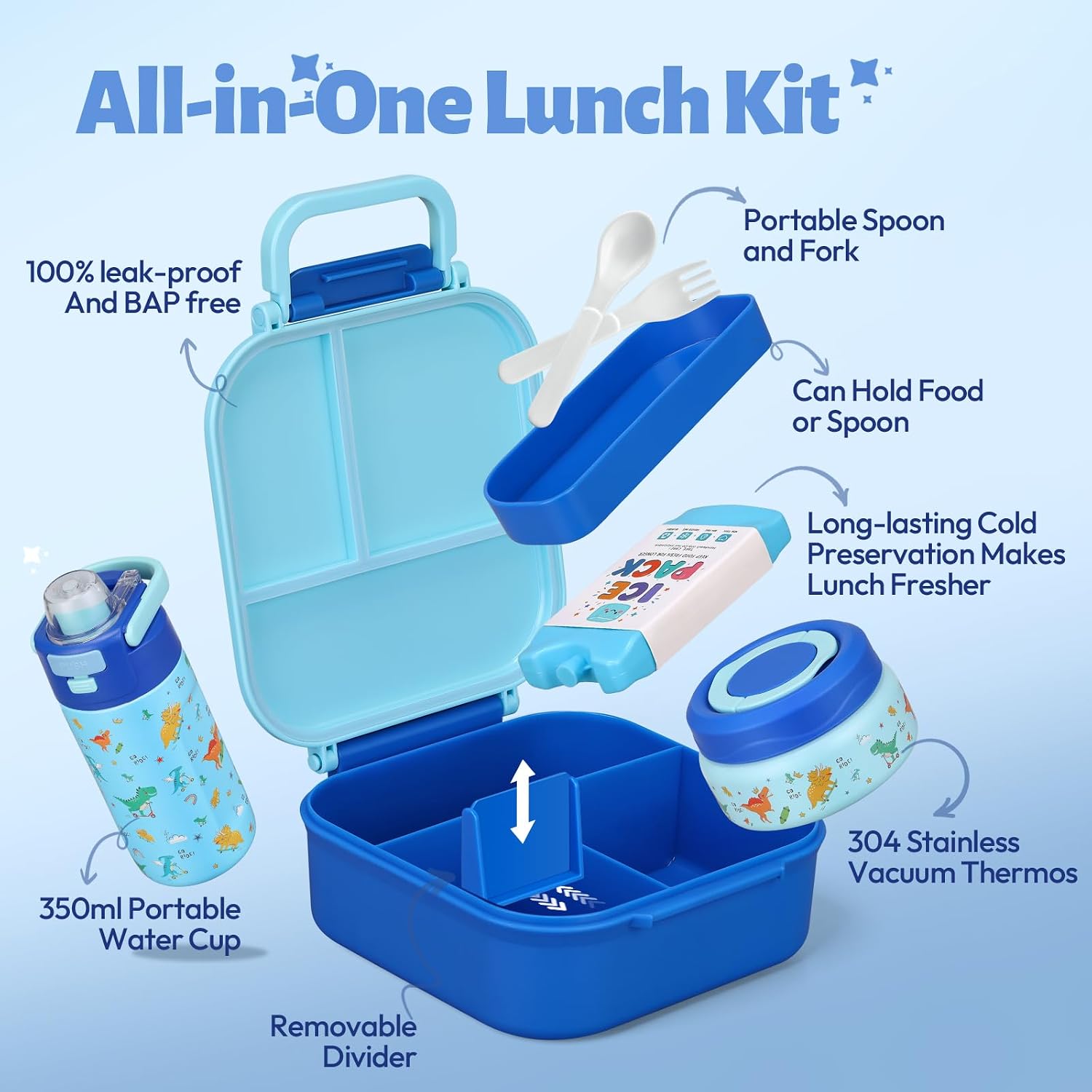 Itslife Bento Lunch Box for Kids Set, insulated food container, 7 oz thermos for hot food, 12 oz thermos water bottle, Reusable Insulated Ice Bag & Fork Spoon Utensils Camping Travel Blue-KL image 3