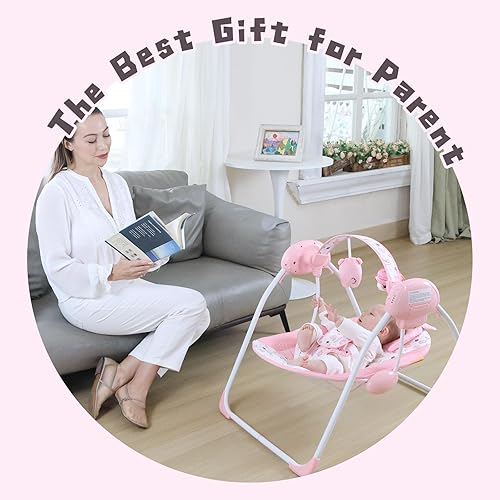 Miniatura 6 de Columpio de bebé portátil para bebés, compacto y plegable con columpio de 5 velocidades, música, temporizador, asiento acolchado, funciona con