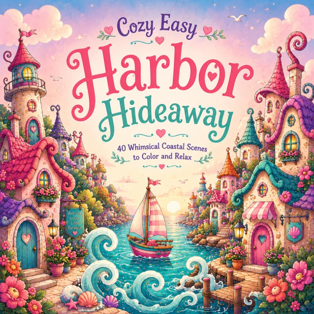 Cozy Easy Harbor Hideaway: A Relaxing Coastal Coloring Book with Whimsical Seaside Villages, Crooked Cottages, Lighthouses, Cozy Shops, Harbors, and Easy-to-Color Storybook Scenes