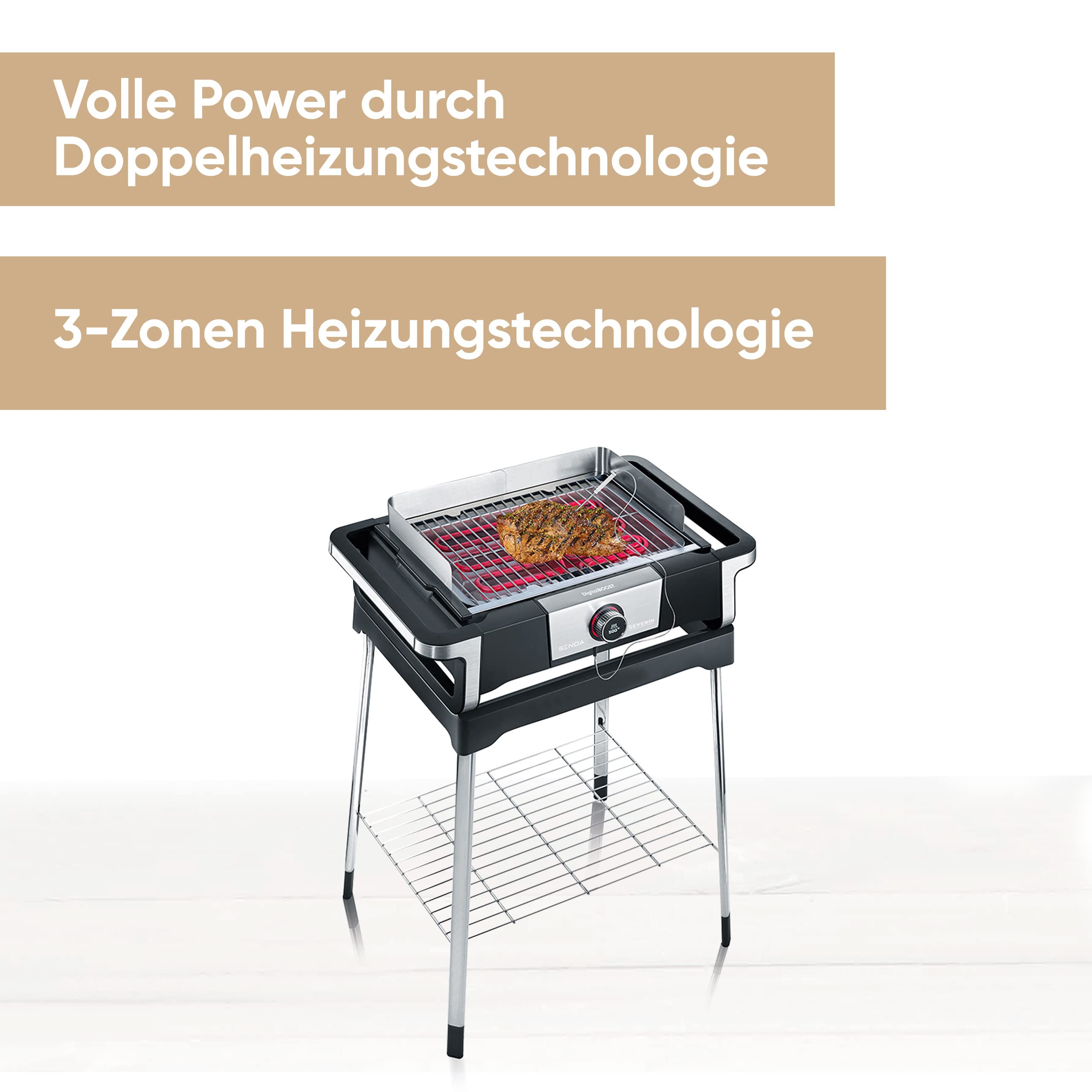 SEVERIN SENOA DigitalBOOST S - Barbecue elettrico con supporto, con avvio rapido fino a 500 °C, per balcone con superficie SafeTouch, in acciaio inox/nero, PG 8118