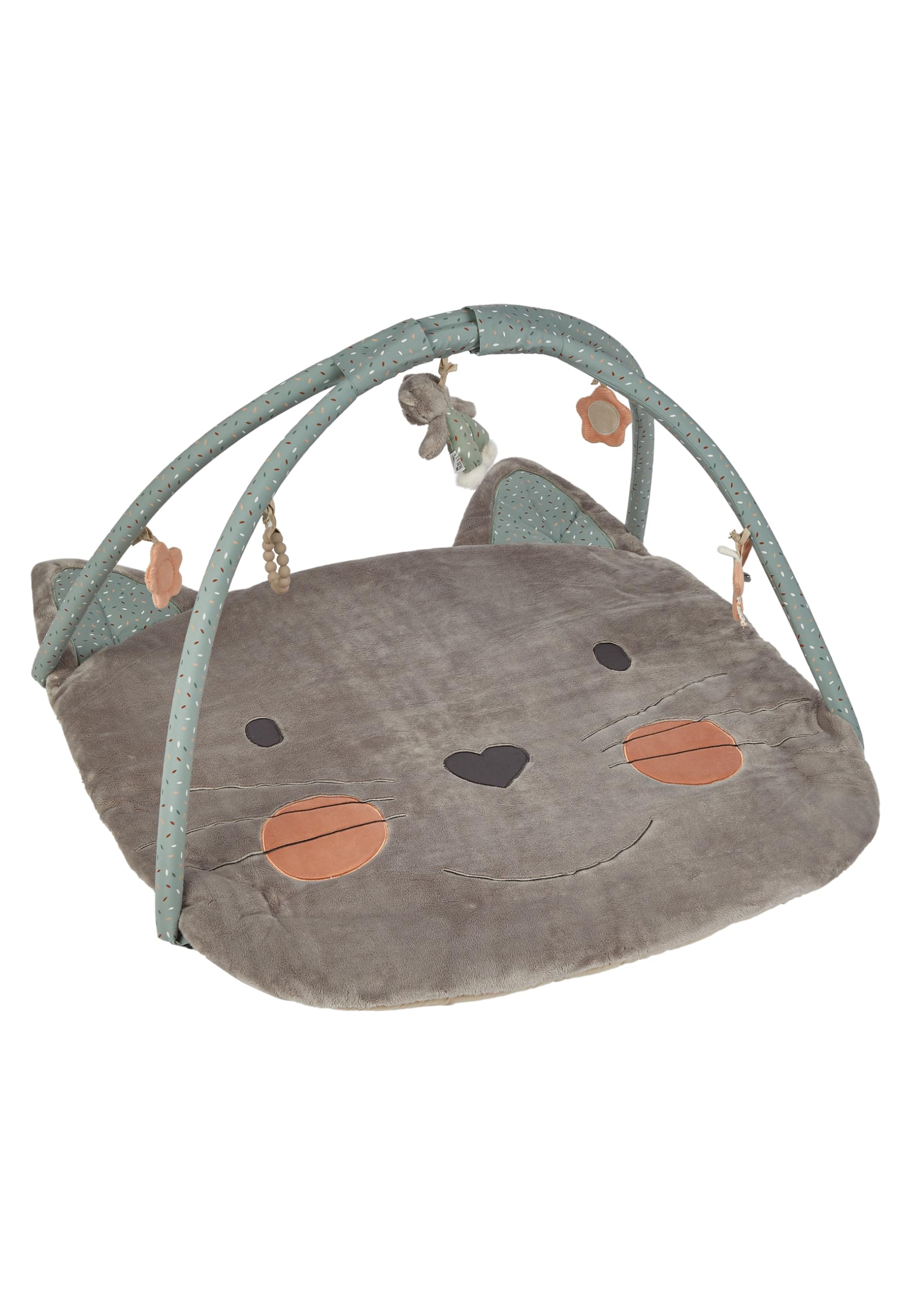 Sterntaler Spielbogen Katze Lilly - Spielbogen aus weichem Flausch und bedrucktem Baumwoll Mischgewebe - Baby Spieldecke mit Bogen und Spielfiguren zum Abnehmen - Baby Spielzeug, steingrün