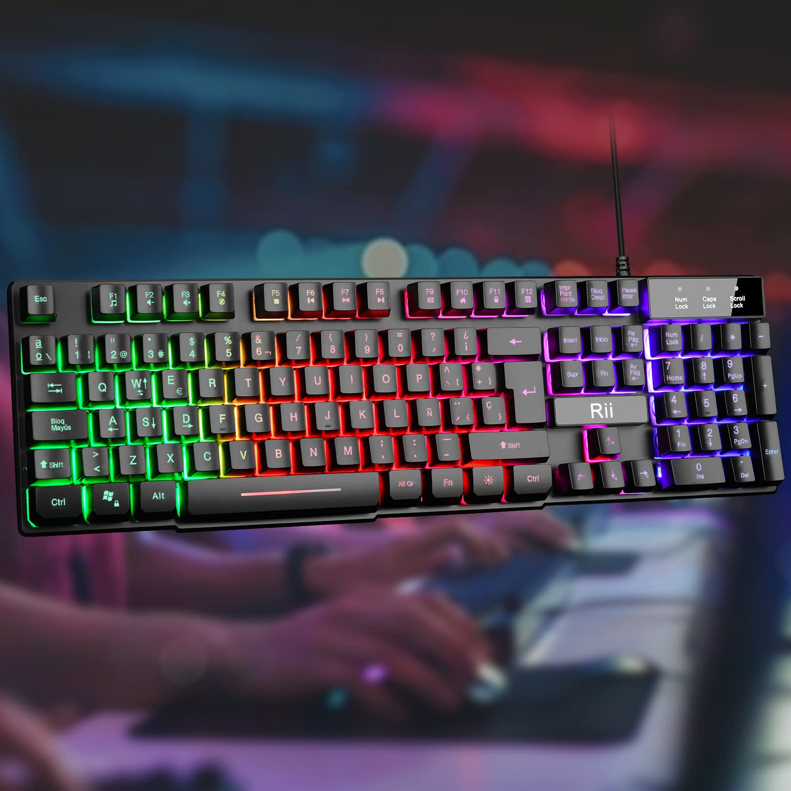 Rii RK100 Plus Teclado retroiluminado Gaming，7 Colores Rainbow LED，Teclado para Juegos con Cable USB，Disposición QWERTY Español