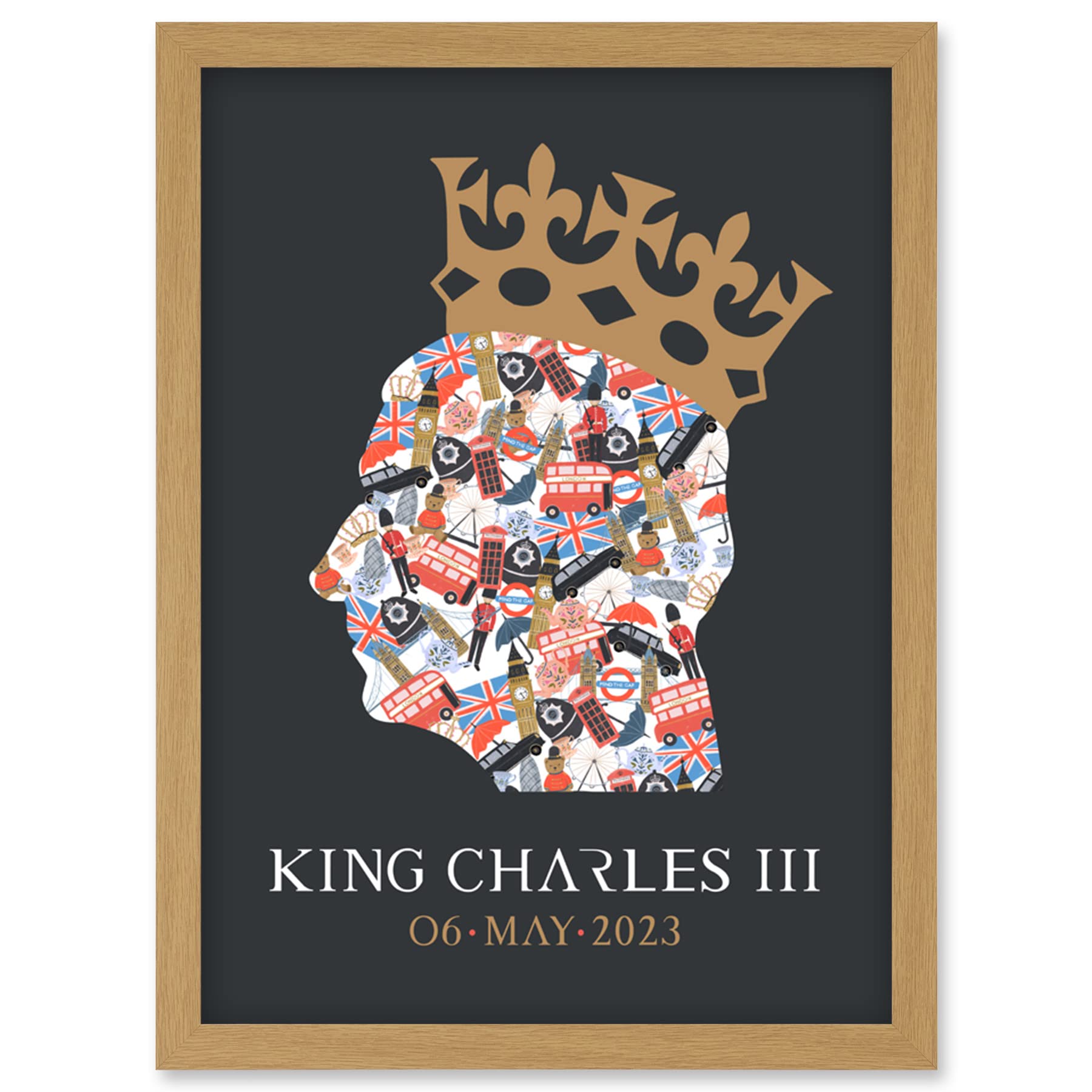 King Charles III Coronation Collage Framed Wall Art Print A4 - British Symbol Crown Grey Design - Artery8