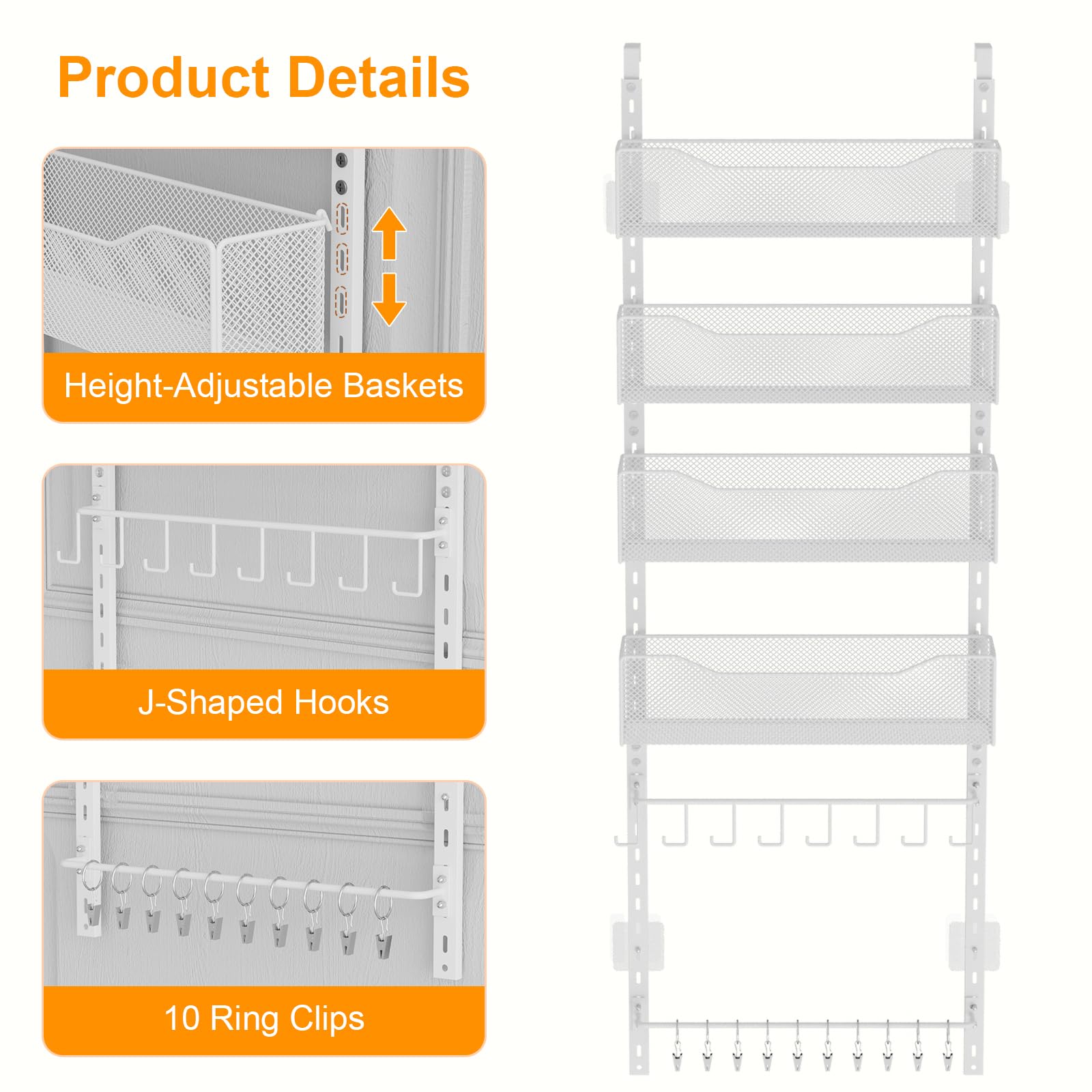 Über-der-Tür-Organizer, 2-in-1-Kleiderschrank-Organizer und Hutablage aus Metall mit 4 Verstellbaren Körben, 8 Haken, 10 Clips, Aufbewahrung hinter der Tür für Schlafzimmer, Badezimmer (weiß)
