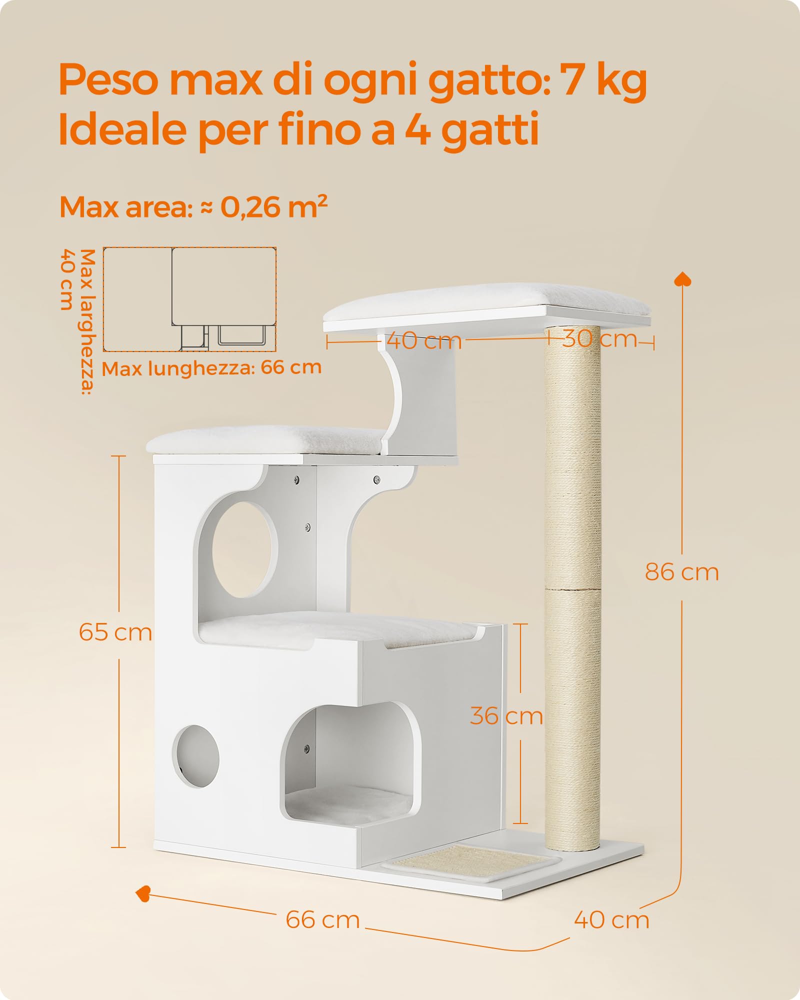 Feandrea Tiragraffi, Albero per Gatti di Truciolato Alto 86 cm, con Grotta, Posatoi, Colonna e Tappeto Graffiatoio in Sisal, Lavabili Tappeti in Pelliccia Sintetica, Bianco Nuvola PCT070W01