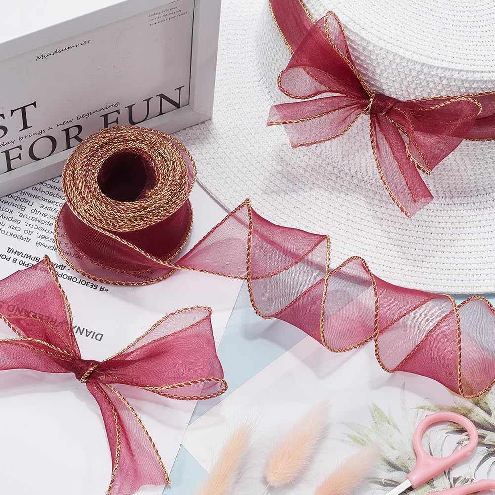 CRASPIRE 1-5/8” Wide Wine Red Gold Wired Organza Ribbon Sheer Tulle Gift Ribbon Handmade Christmas Chiffon Fabric 6.5Yd for Gift Wrapping Wedding Flower Bouquet Wreaths Crafts Hair Bow Party Holiday - Image 4