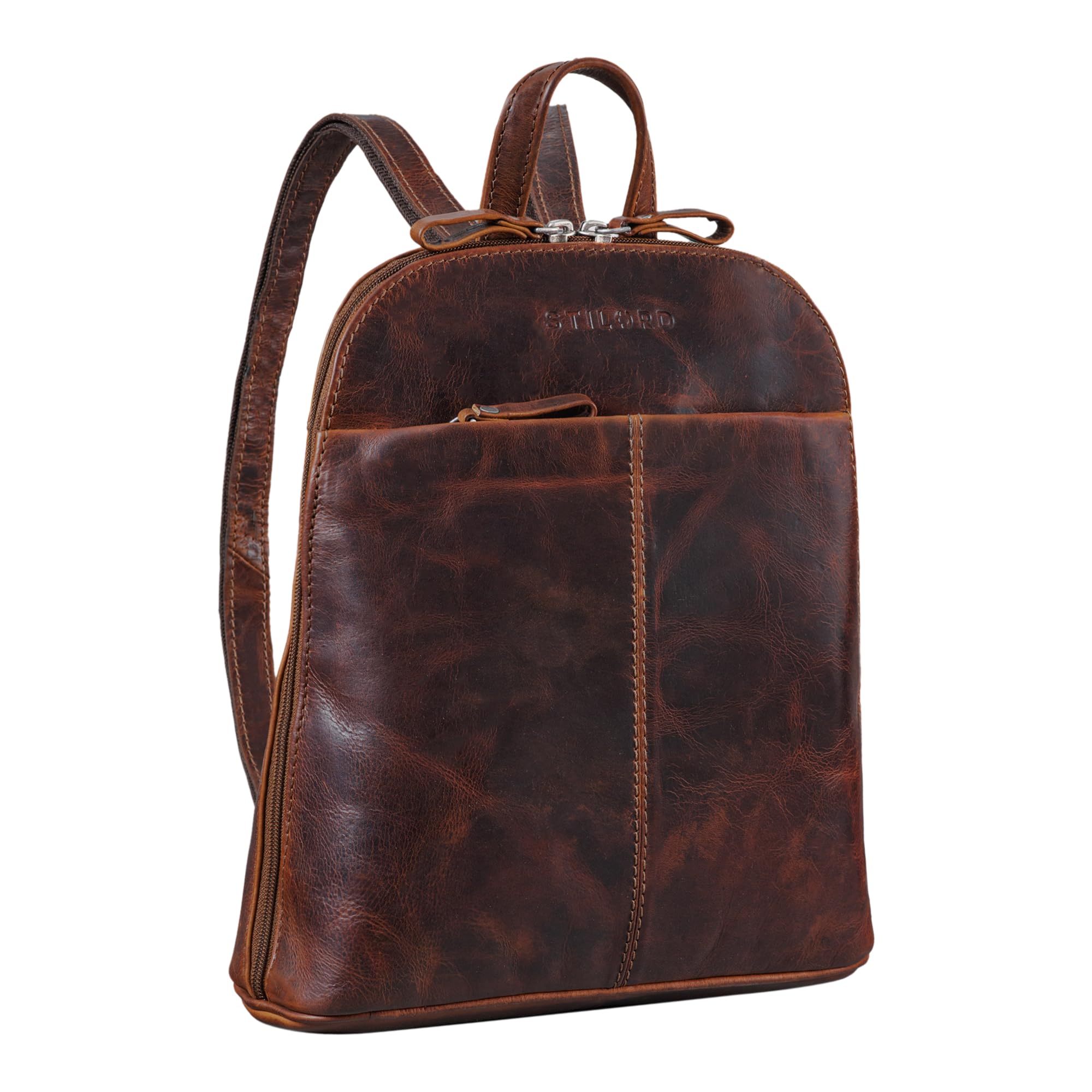 STILORD Olivia City Rucksack Damen Leder Daypack Kleiner Lederrucksack Rucksackhandtasche zum Ausgehen für 9,7 Zoll iPads und 10,1 Zoll Tablets echtes Leder Farbe:Florida - braun