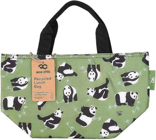 ECO CHIC Lightweight Foldable Lunch Bag | Water Resistant Insulated Cooler Bag for Work/Picnics/Hiking/Camping BBQs | Made from Recycled Plastic Bottles (Pandas Green)